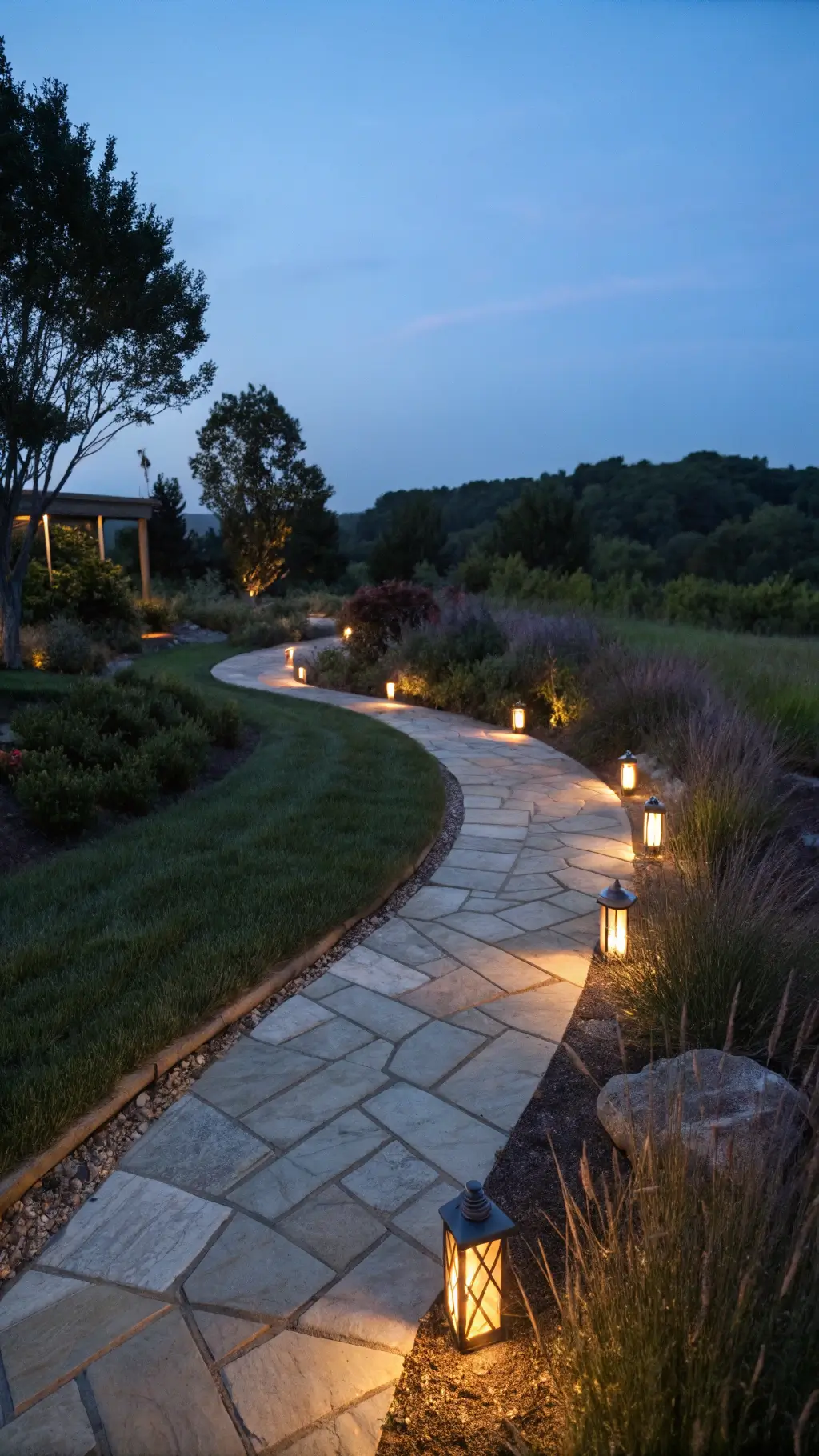 Curved garden walkway lit by staggered copper LED lights highlighting natural stone and native plants under a deep blue evening sky.