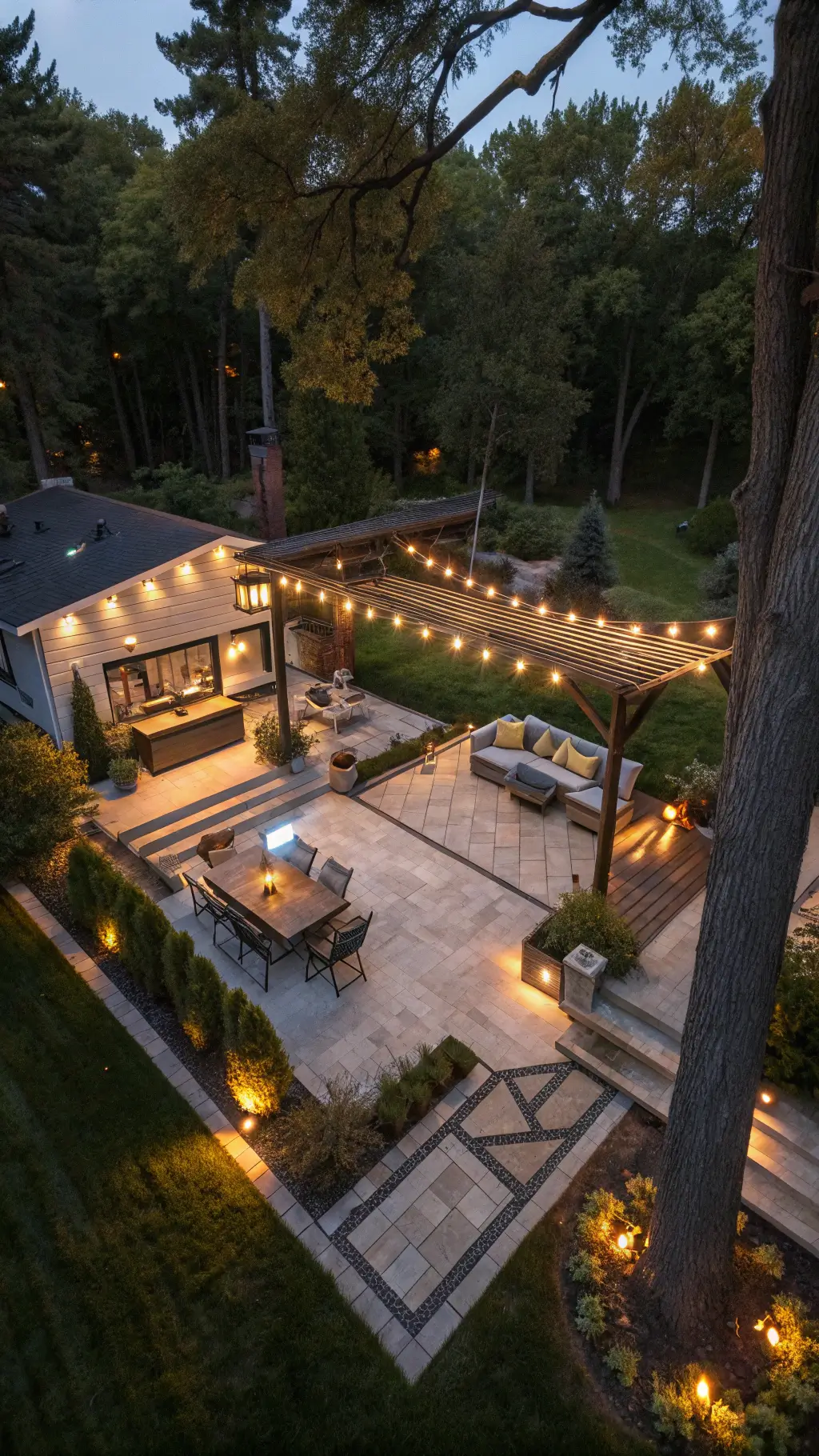 Aerial view of a backyard entertainment area at dusk featuring smart lighting that highlights conversation zones, dining spaces, and tree uplighting for ambiance.