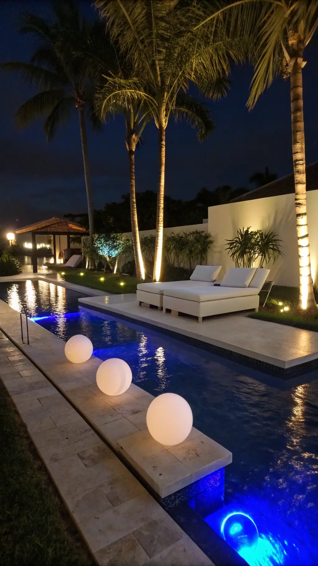 Contemporary poolside lounge area at night featuring blue LED lights outlining the infinity pool, white chaise lounges on limestone decking, floating orb lights in the water, and illuminated palm trees.