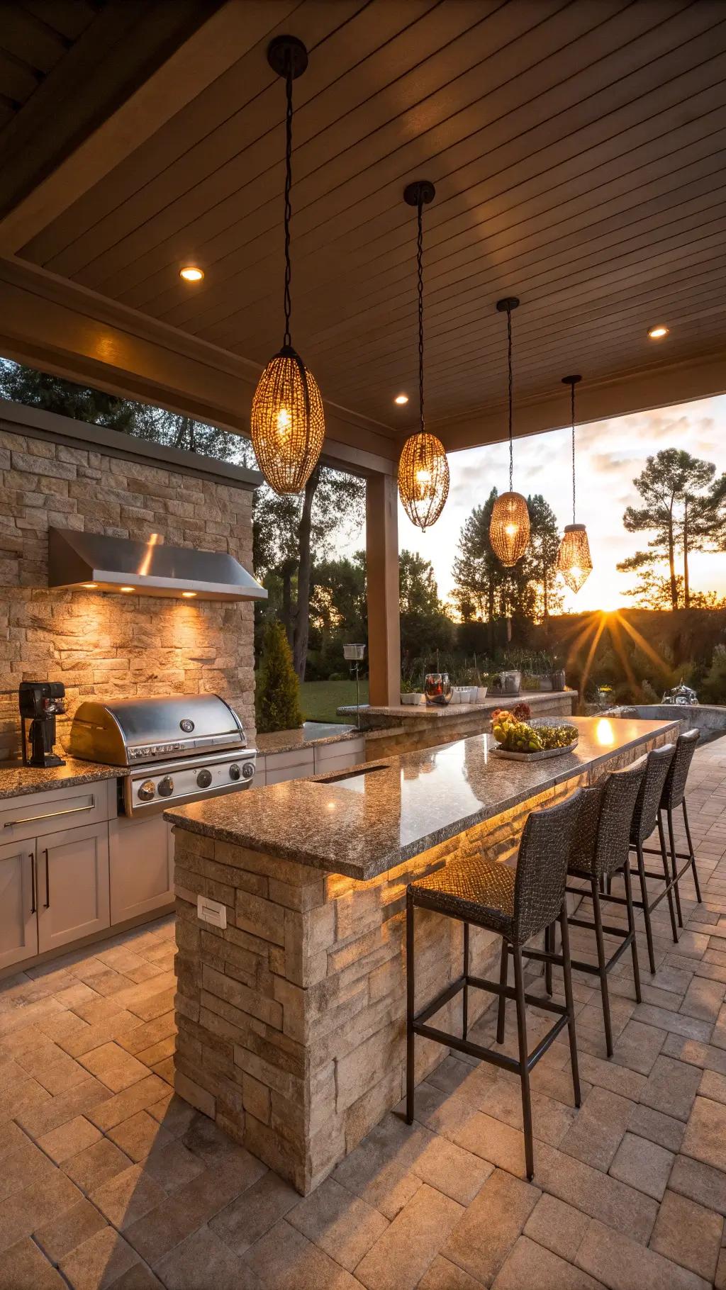 Outdoor kitchen and bar area with under-cabinet LED lights, granite countertops, pendant lights above seating, stainless steel appliances, and a glowing stone backsplash during golden hour.