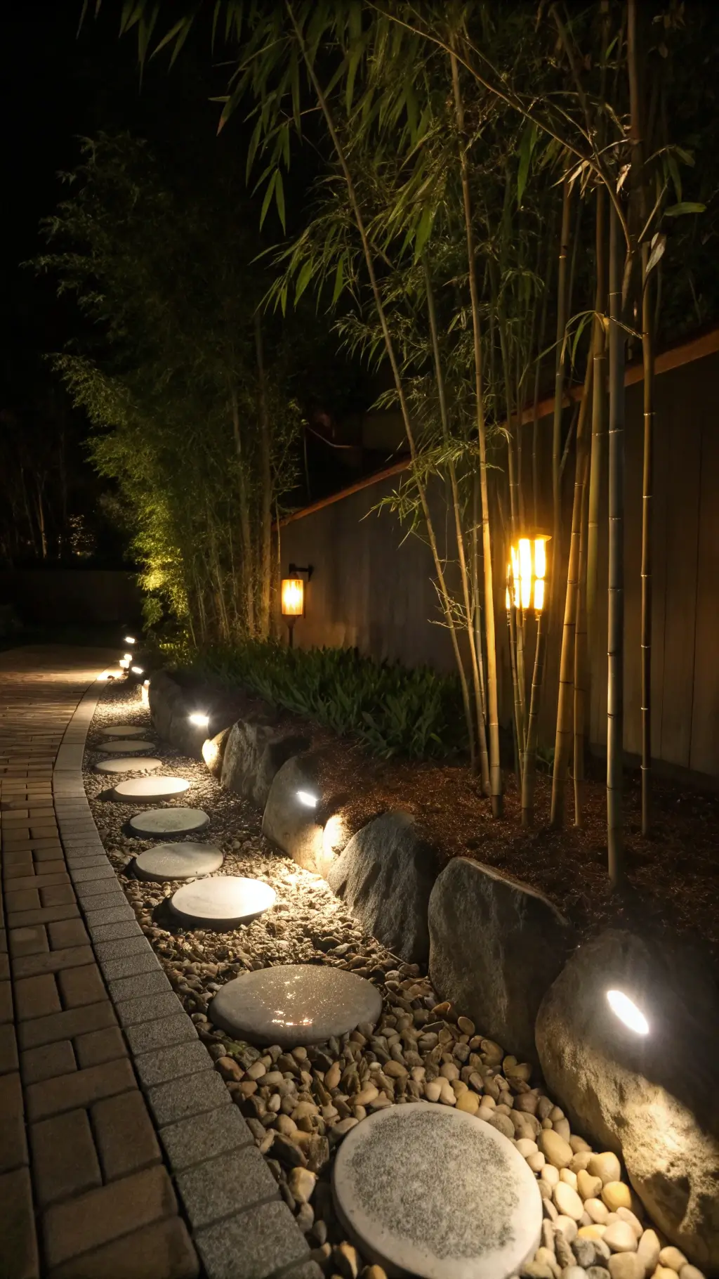 Nighttime zen garden path illuminated by solar ground lights with backlit bamboo casting artistic shadows.