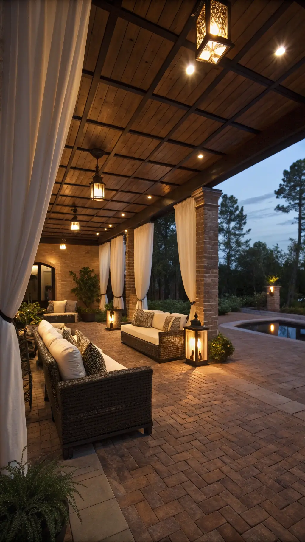 Twilight view of a covered outdoor living space featuring warm lighting, brick flooring, iron sconces with LED flames, wicker furniture with cream cushions, and sheer curtains gently moving in the breeze.