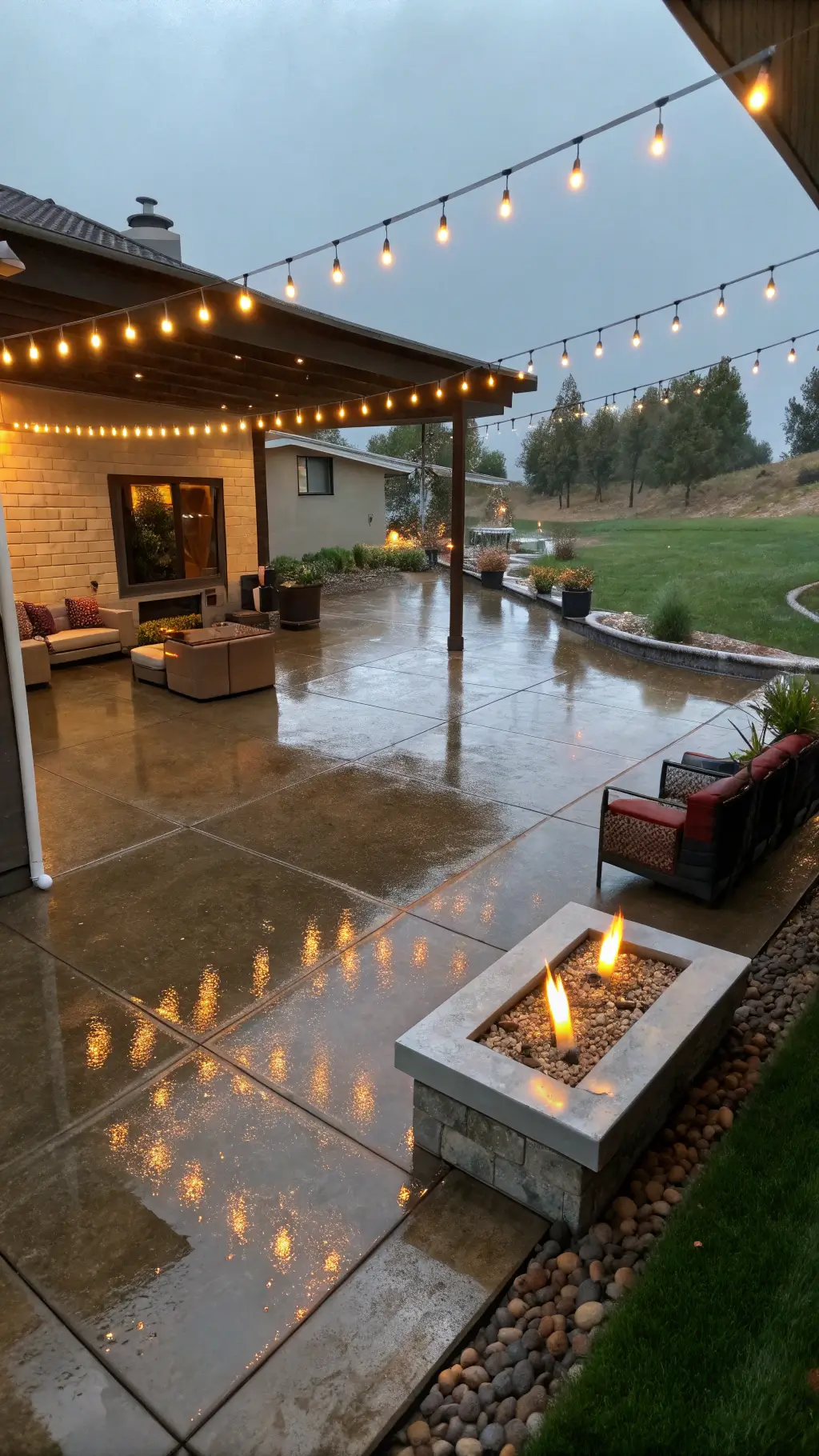 Elevated view of a wet entertainment patio featuring reflective string lights, color-changing LED bollards, a fire pit, and modern outdoor furniture under balanced lighting.