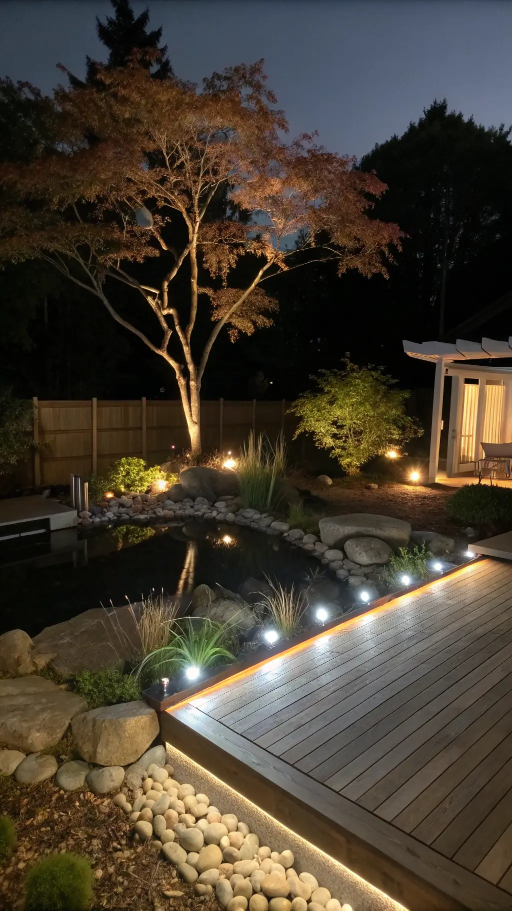 Serene meditation deck at moonrise with LED lighting, zen rock garden, illuminated Japanese maple tree, and glowing water feature creating a peaceful atmosphere.