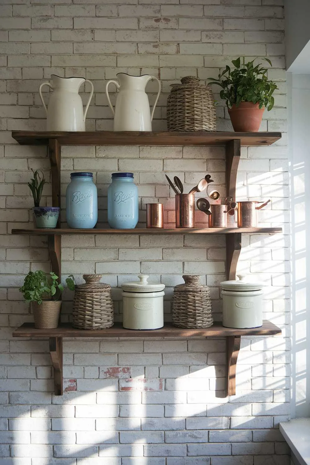 Open Shelving in Cottage Kitchens White-painted brick walls with reclaimed wooden shelves displaying white ironstone pitchers, vintage mason jars filled with dry goods, copper cookware, potted herbs, and woven baskets, all bathed in natural light.