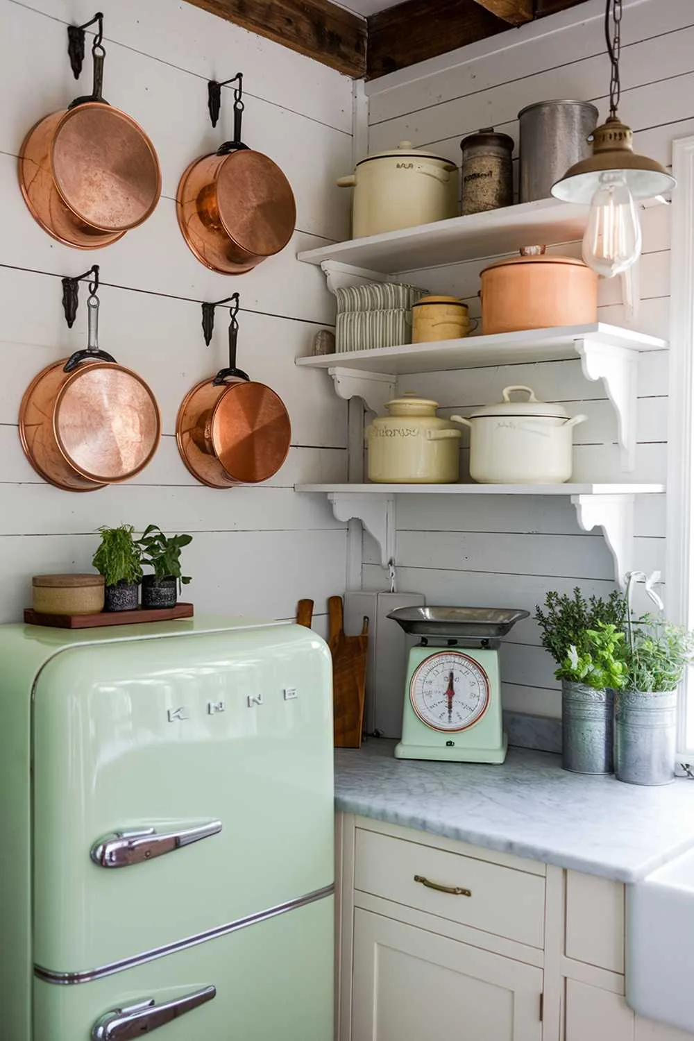 Vintage Elements in Cottage Kitchens Kitchen corner featuring a mint green vintage-style refrigerator, antique copper cookware hanging from iron hooks, open shelves with enamelware and earthenware crocks, a vintage scale on marble counters, and a reclaimed factory light fixture casting warm light.