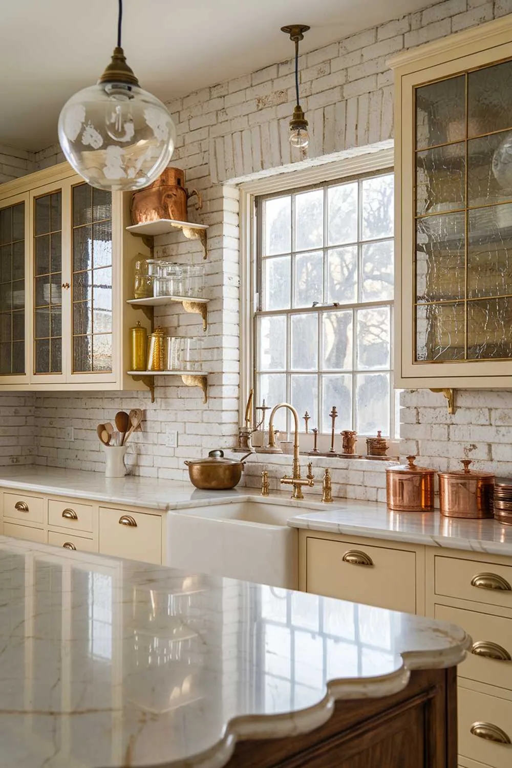 Visual Space Enhancers for Small Kitchens Bright cottage kitchen featuring mirrors strategically placed to create the illusion of space, white painted brick walls reflecting light from multi-paned windows, glass-front cabinets adding depth, and a vintage mirror backsplash amplifying natural light.