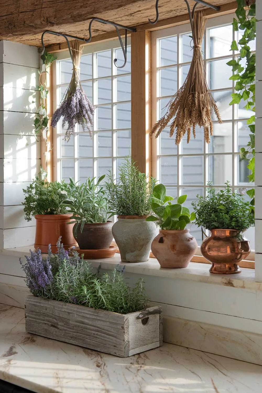 Natural Elements in Cottage Kitchens Sunlit kitchen windowsill adorned with terracotta pots filled with fresh herbs, small ferns, trailing ivy, a vintage wooden box repurposed as an herb planter on a marble countertop, and dried lavender and wheat bundles hanging from exposed wooden beams.