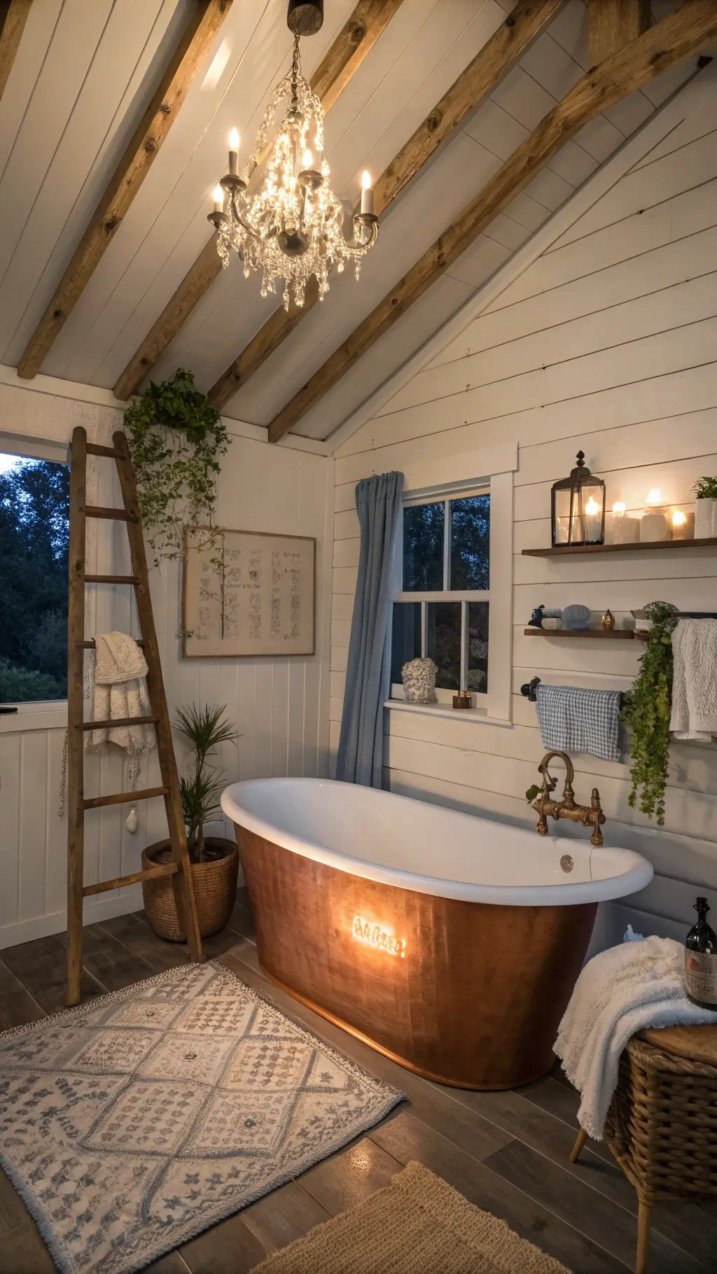 Cozy cottage bathroom at dusk with copper tub, white shiplap walls, wooden ceiling beams, crystal chandelier, ladder towel rack, barnwood shelves, jute rug on slate floor