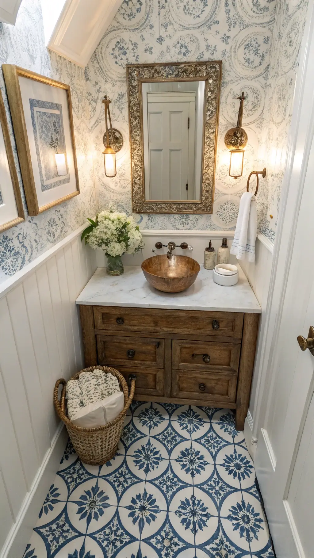Small powder room with blue and white Delft-style tiles, salvaged wood vanity, marble countertop, copper sink, antique brass mirror, milk glass sconces, plaster walls with vine pattern