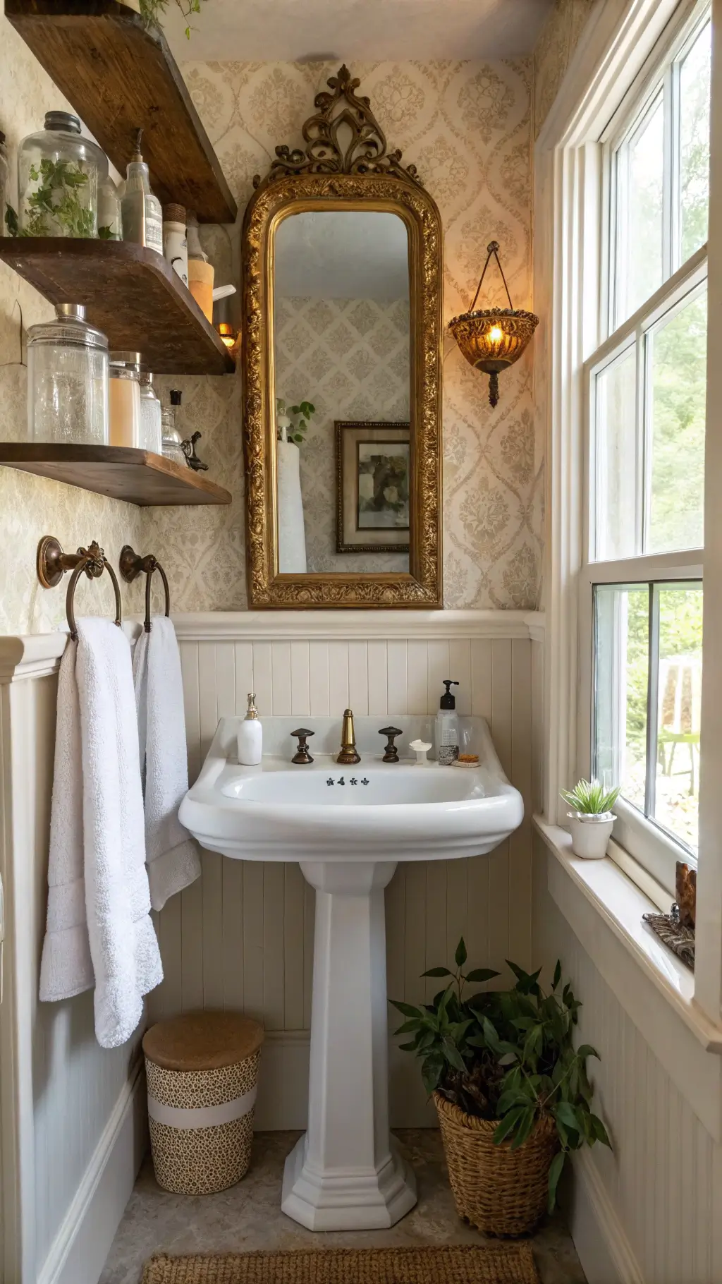 Victorian-style pedestal sink and gilded mirror in cozy cottage bathroom with reclaimed wood shelving, Turkish towels, apothecary jars, soft morning light