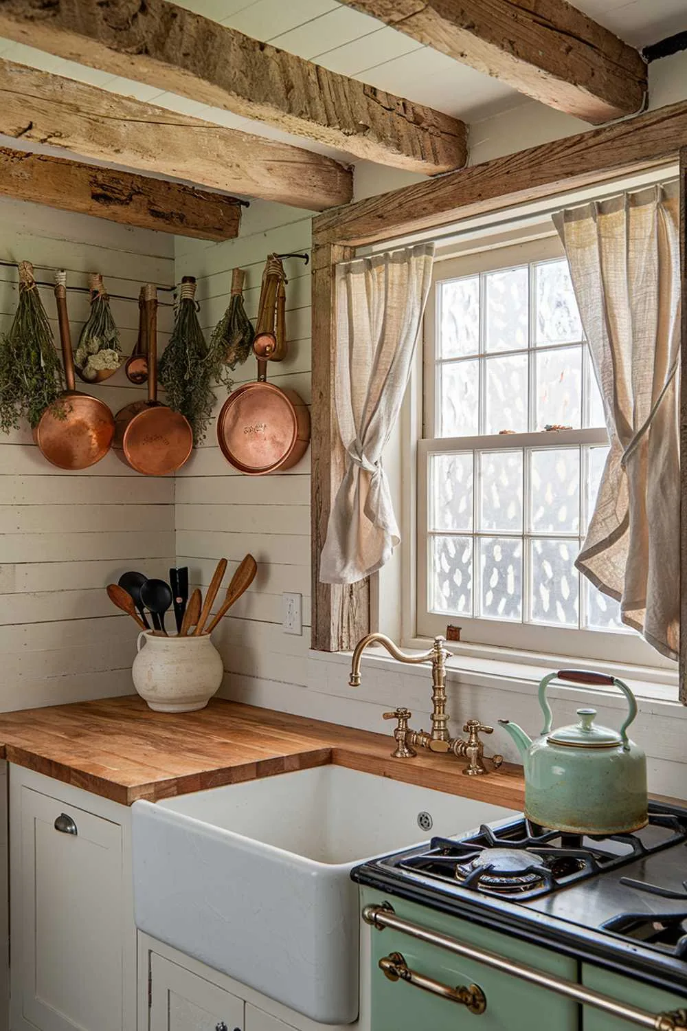 Rustic Cottage Kitchen Cozy kitchen corner with weathered wooden beams overhead, dried herbs and copper pots hanging, farmhouse sink beneath linen curtains, open shelves with ironstone and earthenware, a well-used butcher block counter, and a vintage enamel kettle adding a faded blue accent.