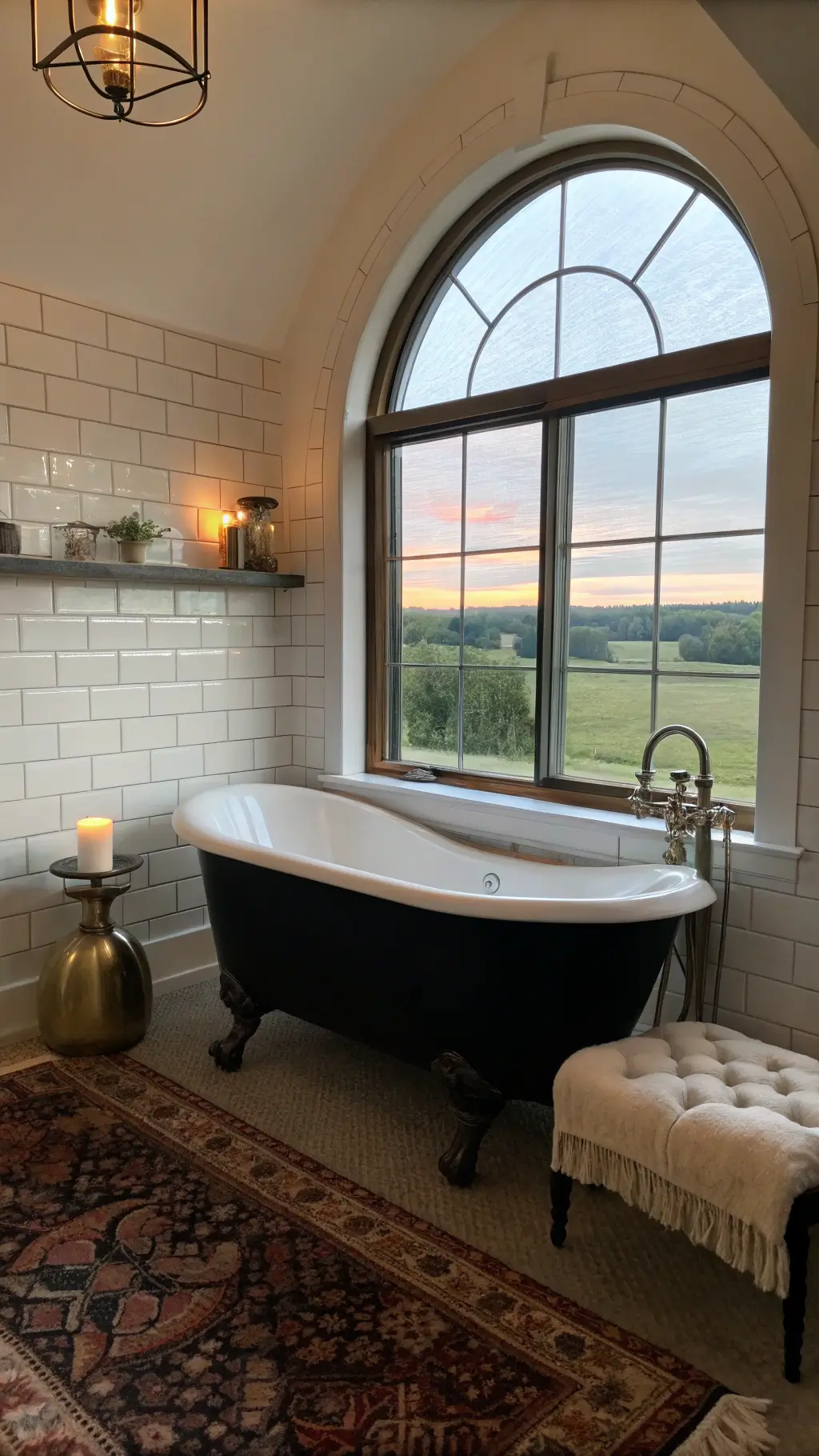 Master bathroom at twilight with countryside view through arched window, matte black clawfoot tub, white subway tiles, Persian rug, brass and crystal decanter, candles for mood lighting