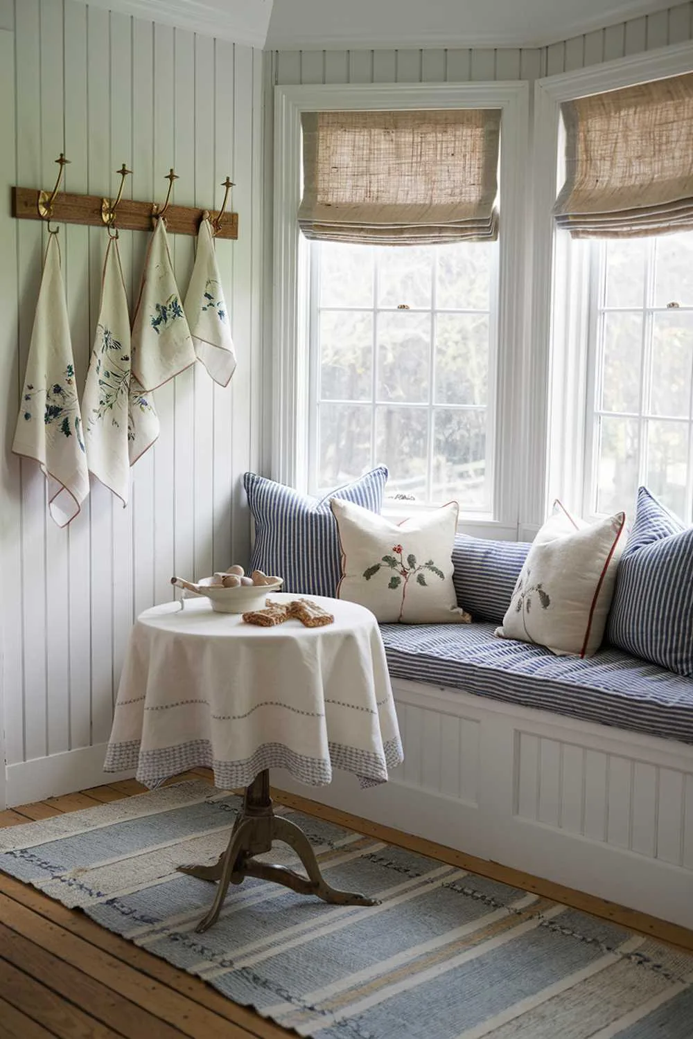 Textiles in Cottage Kitchens Cottage kitchen layered with textiles: vintage runner in muted blues and creams on wide-plank floors, ticking stripe cushions on a window seat, linen cafe curtains filtering light, and hand-embroidered tea towels hanging from a wooden rack.