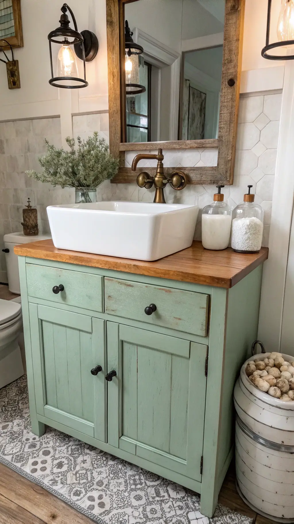 Rustic bathroom with distressed mint green vanity, white porcelain sink, brass faucet, antique mirror, wall-mounted glass canisters, morning light