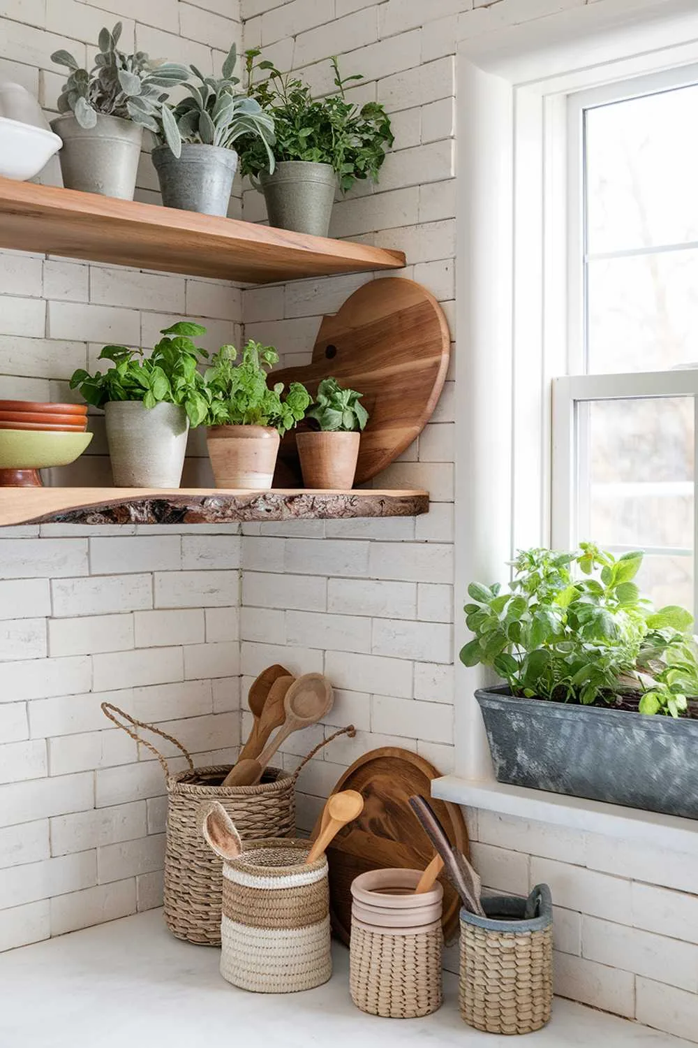 Natural Elements in Cottage Kitchens Cottage kitchen corner featuring reclaimed wooden open shelving against white brick, a live-edge wooden floating shelf with potted herbs, woven basket storage, a window box herb garden, wooden utensils in ceramic crocks, and a collection of cutting boards adding warmth and practicality.