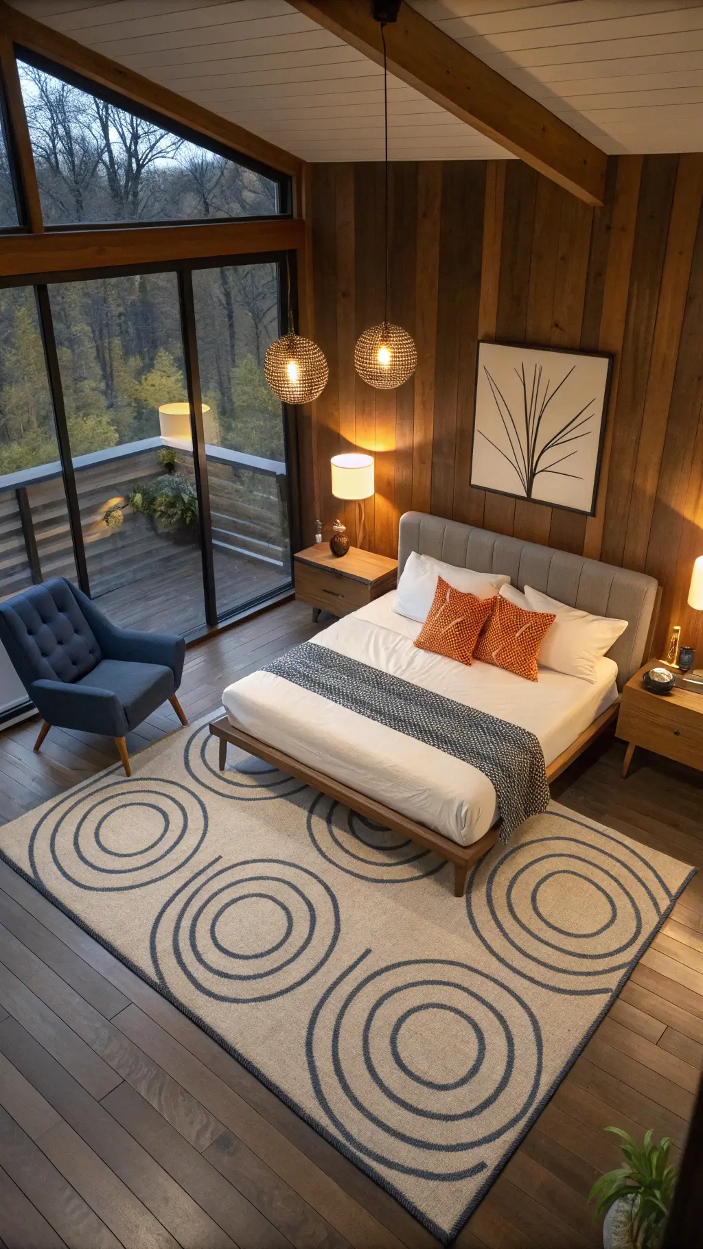 Overhead view of a 16x18ft mid-century bedroom at dusk with Danish modern bed, white linens, orange pillows, wool rug, Nelson bubble pendant lamps, and blue accent chair