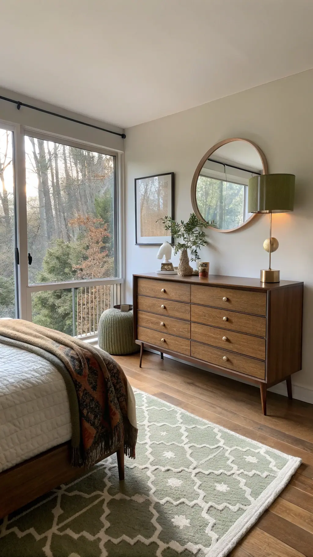 Sunlit mid-century bedroom with floor-to-ceiling windows, teak dresser, circular mirror, olive green lamp, textile wall art, and sheepskin rug on wooden floor
