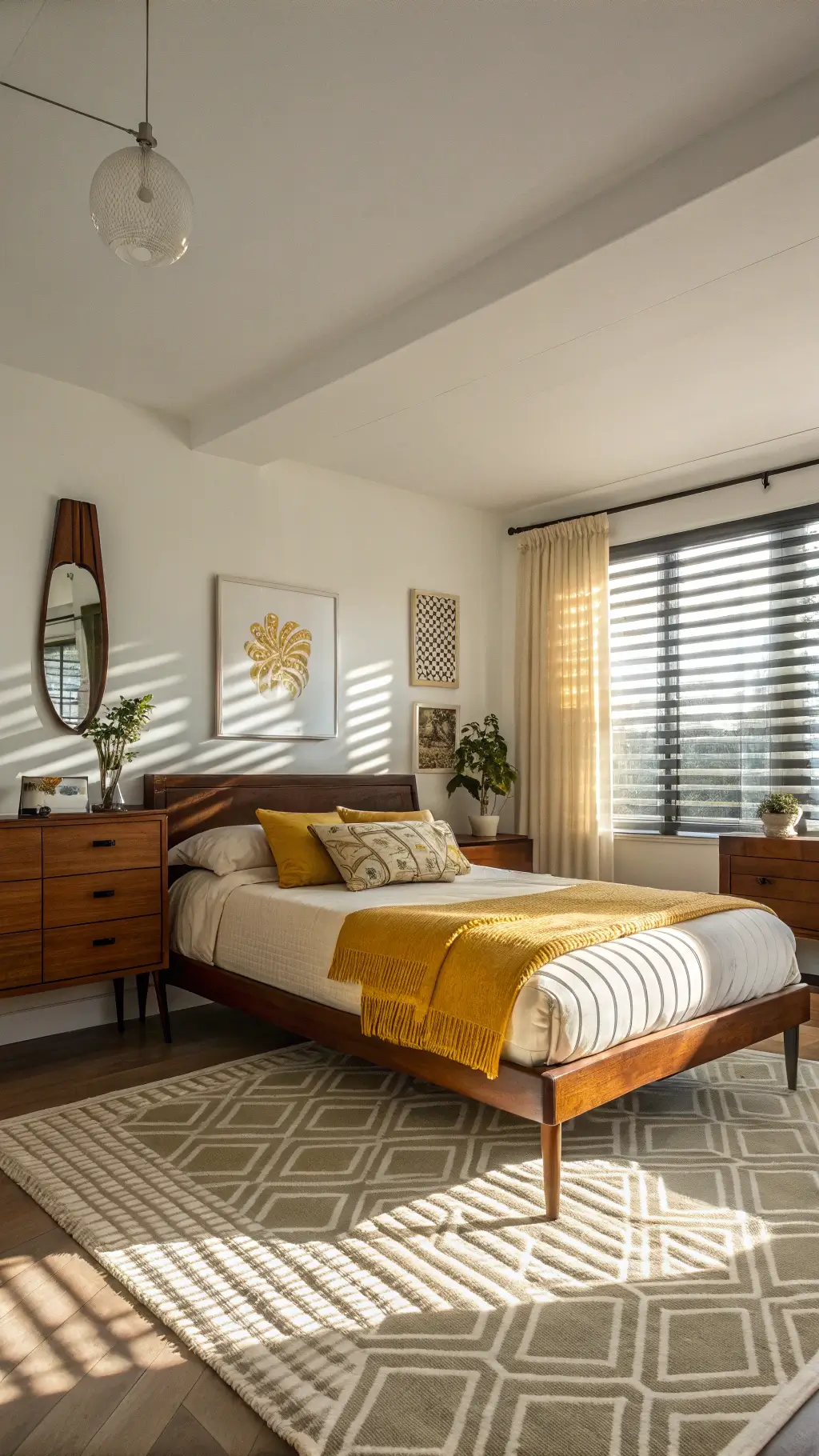 Morning light casting shadows in mid-century bedroom with rosewood bed frame, vintage sunburst mirror, silk curtains, bouclé bench, and geometric flatweave rug