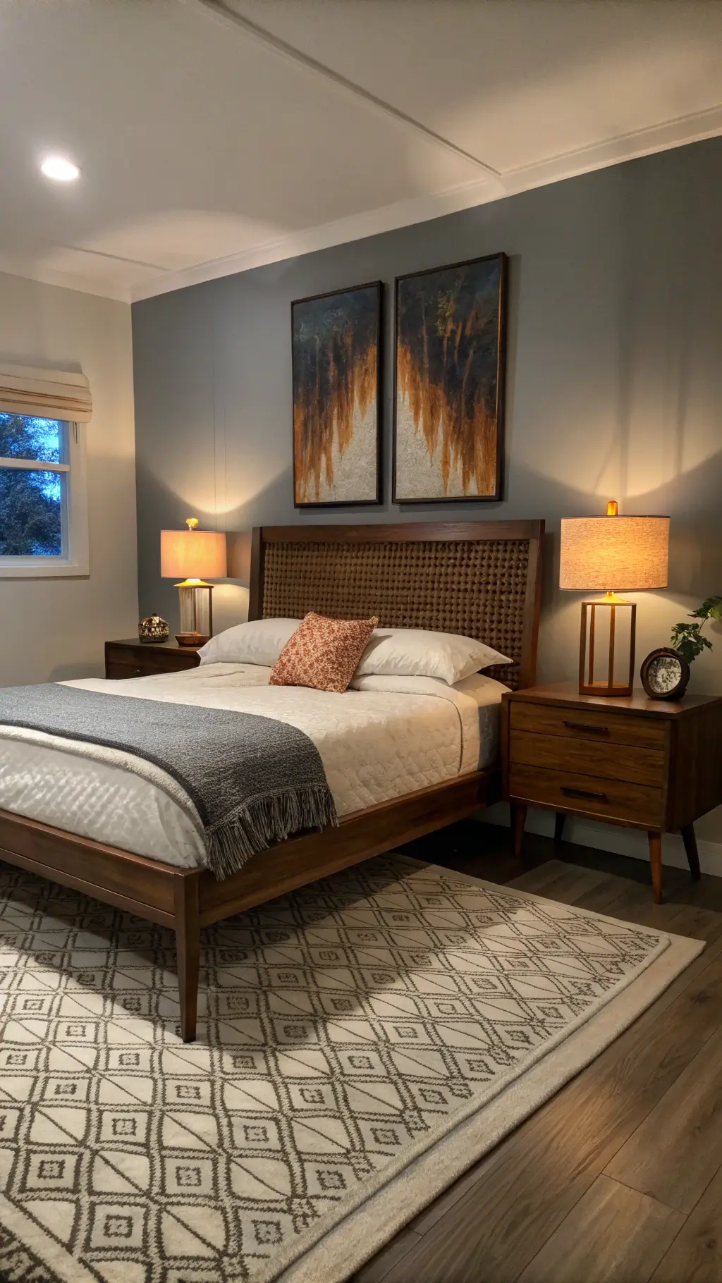 Mid-century bedroom with walnut platform bed, ceramic lamps, floating nightstands, and abstract art in deep blues and burnt orange under soft twilight lighting