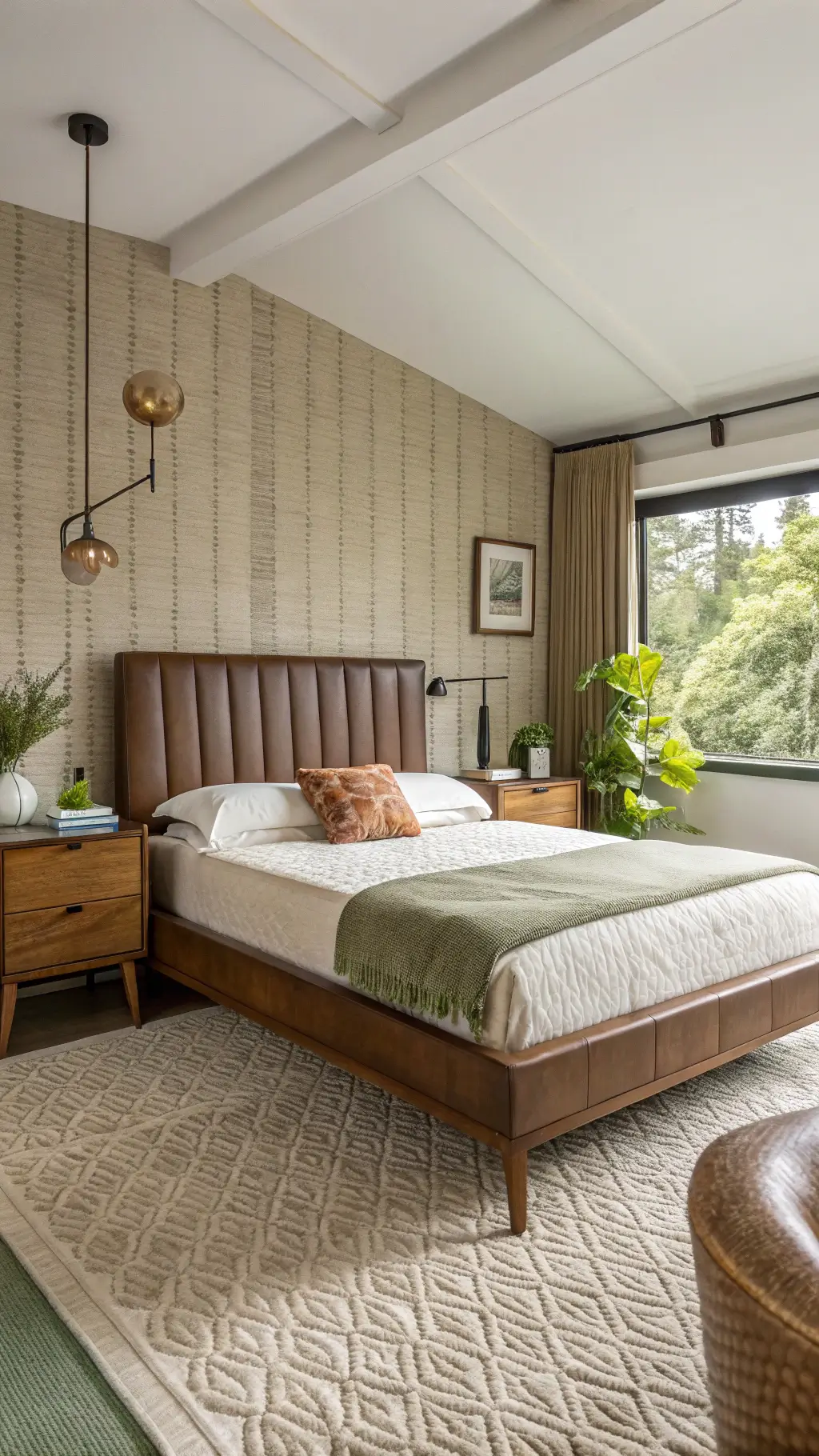Mid-century inspired bedroom with platform bed, leather tufted headboard, asymmetrical walnut nightstands, brass floor lamp, Eames ottoman, and desert-toned textures