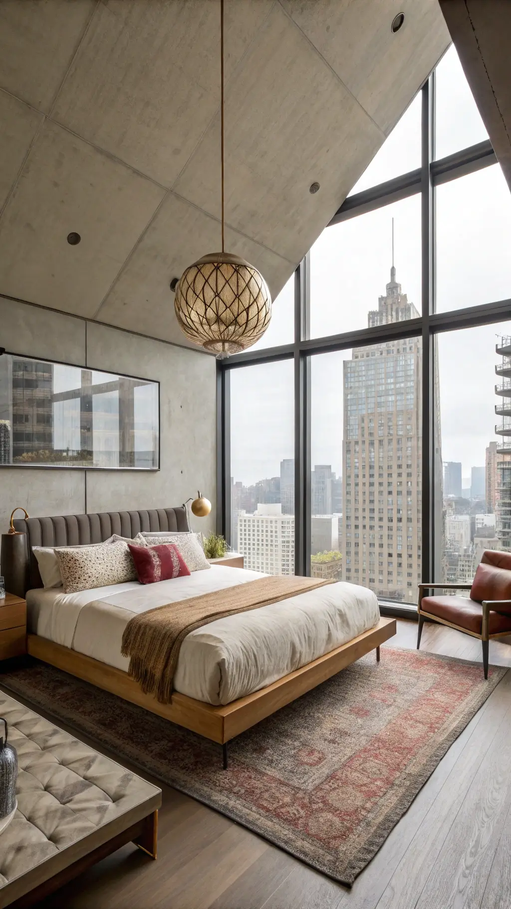 Mid-century style bedroom with floor-to-ceiling windows, platform bed, brass lighting fixture, leather bench, chunky knit throws, and vibrant silk pillows, shot with graduated ND filter