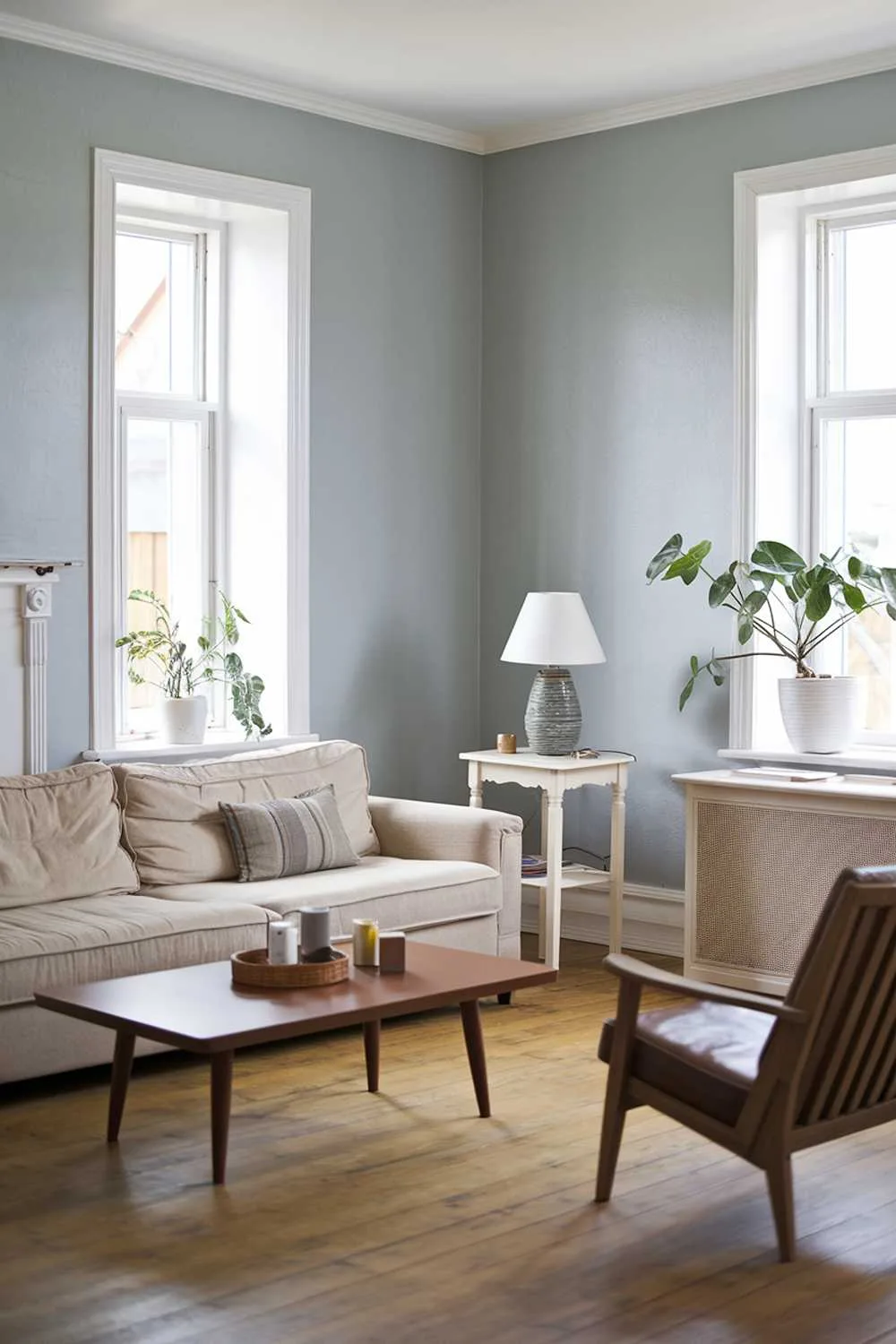 Scandinavian farmhouse living room with light blue walls and beige sofa