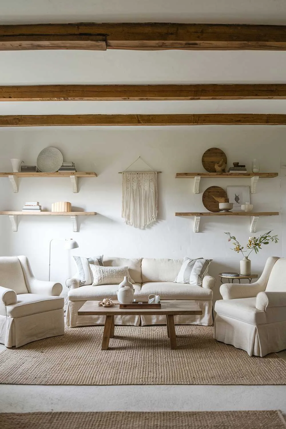 Balanced Scandinavian farmhouse living room with beige furniture and wooden beams