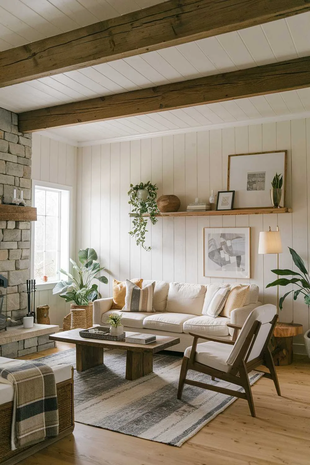 Scandinavian farmhouse living room with stone fireplace and wooden beams
