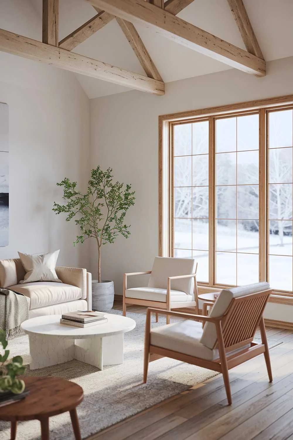 Scandinavian farmhouse living room with snowy landscape view