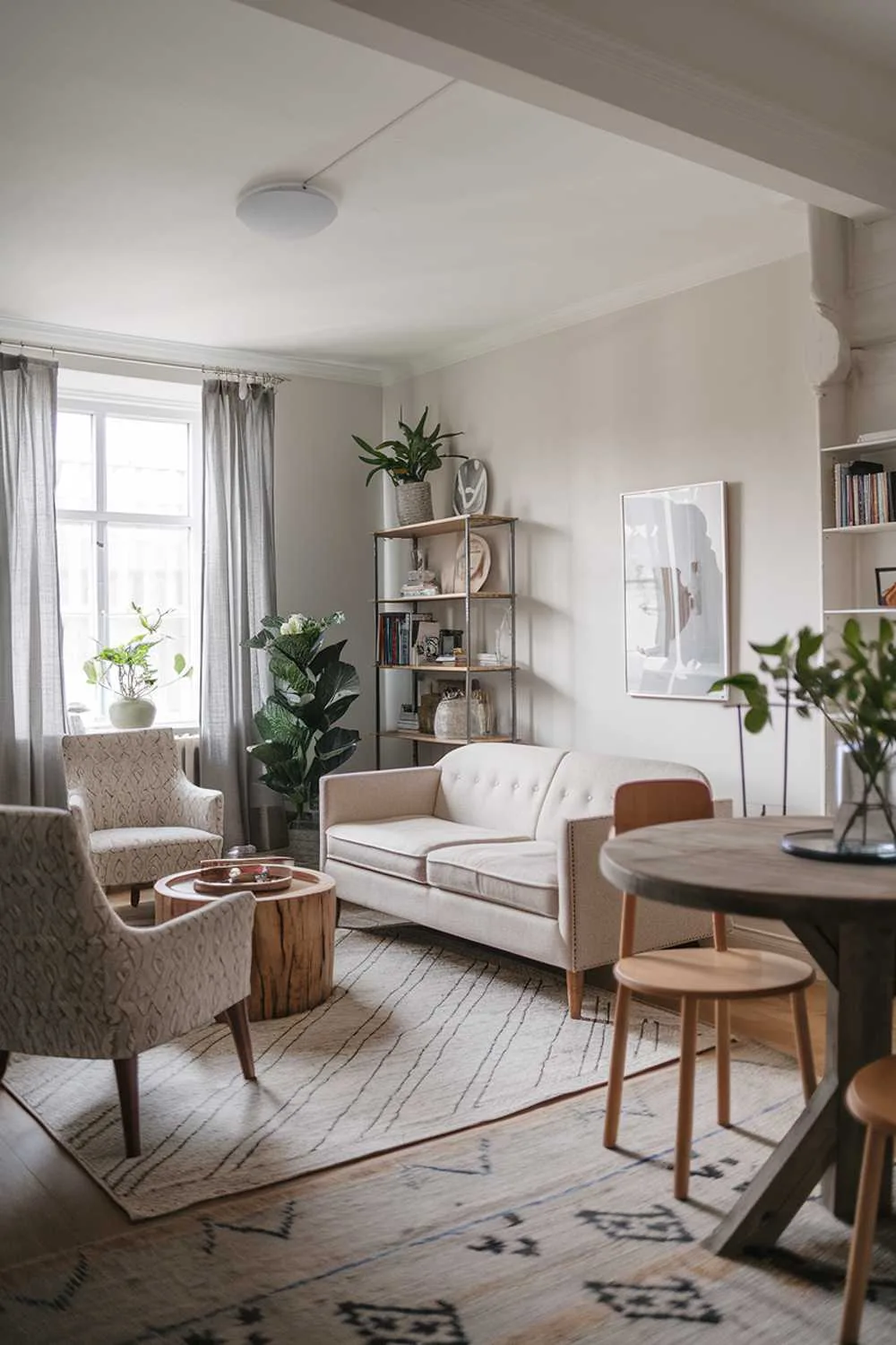 Modern Scandinavian farmhouse living room with patterned chairs and wooden table