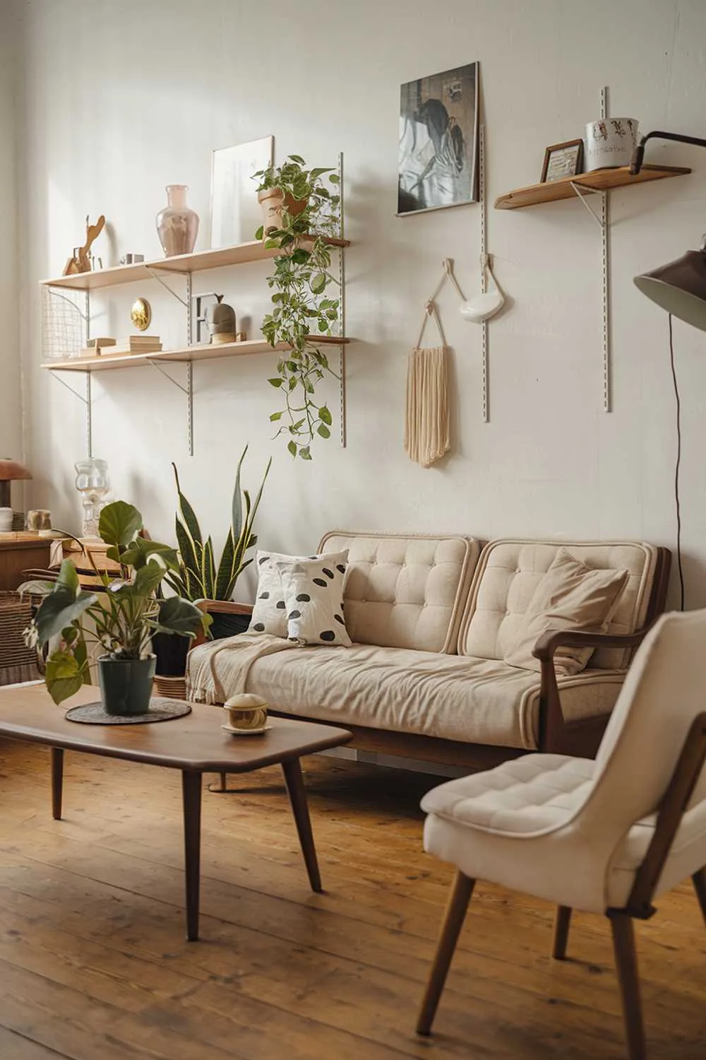 Vintage Scandinavian living room with natural wood and plants