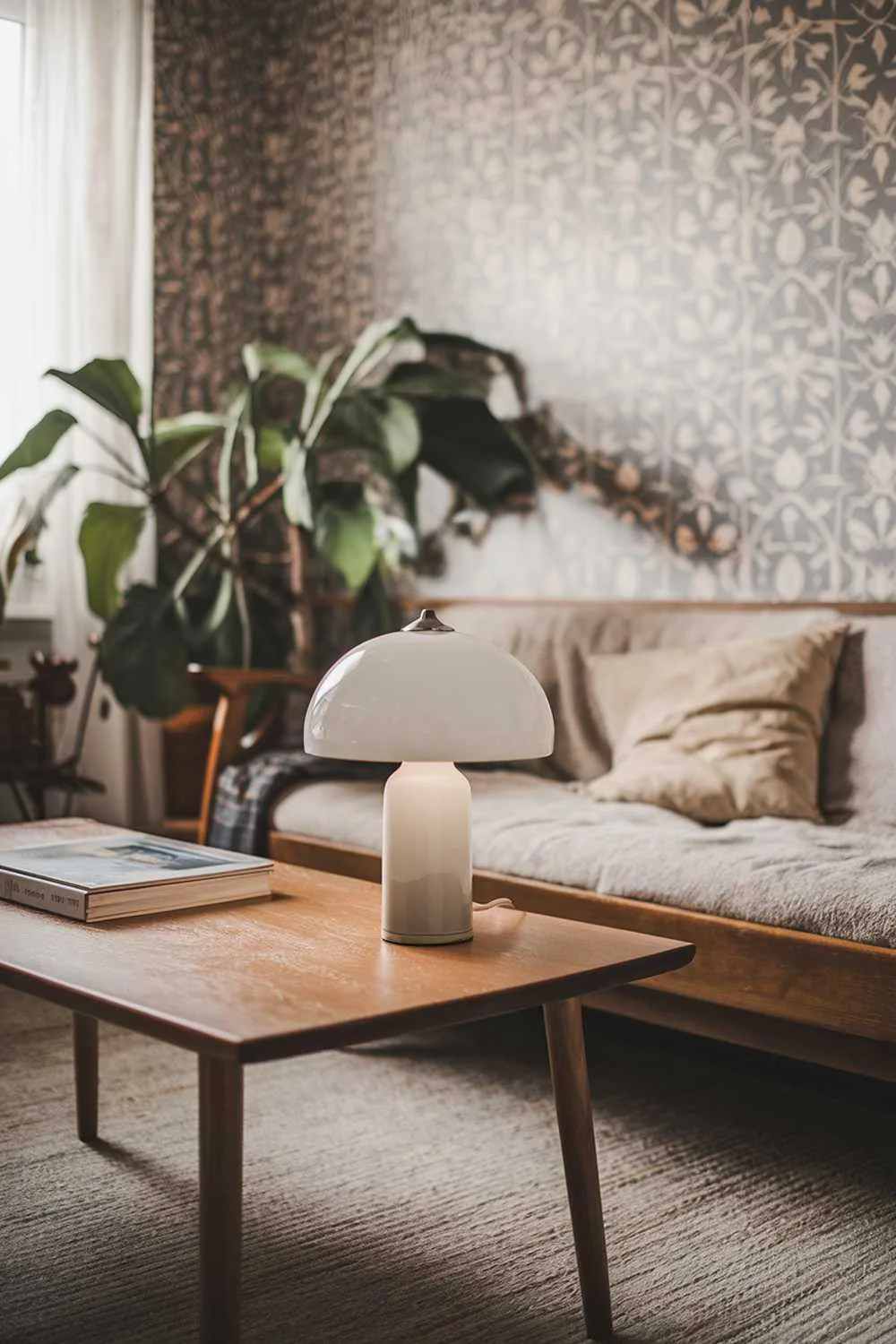 Vintage Scandinavian living room with patterned wallpaper and green plant