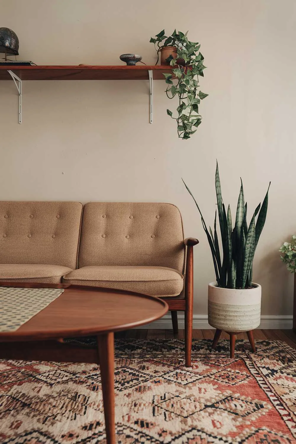 Vintage Scandinavian living room with geometric patterns and plants