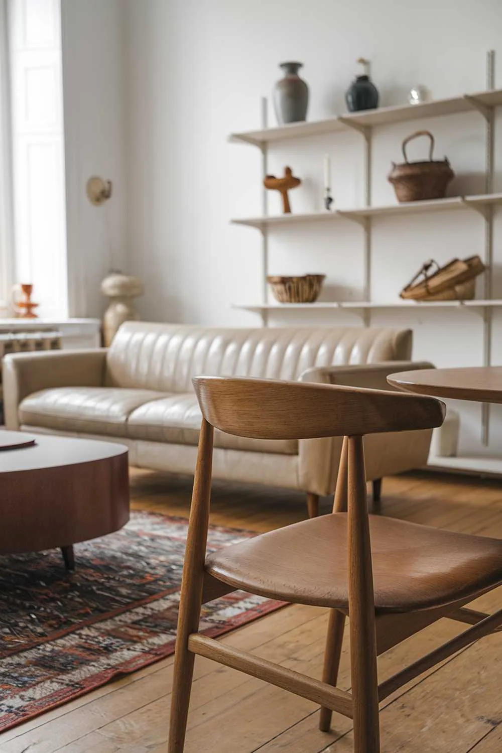 Close-up of classic wooden Scandinavian chair in vintage living room