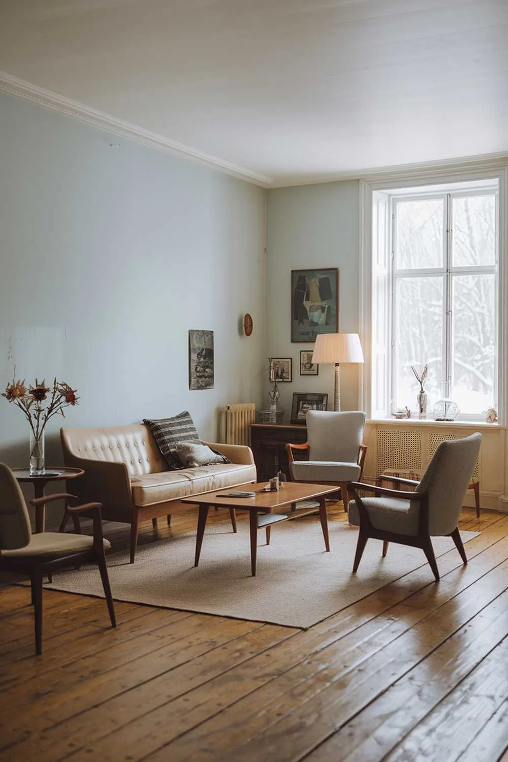 Vintage Scandinavian living room with large window overlooking snowy landscape