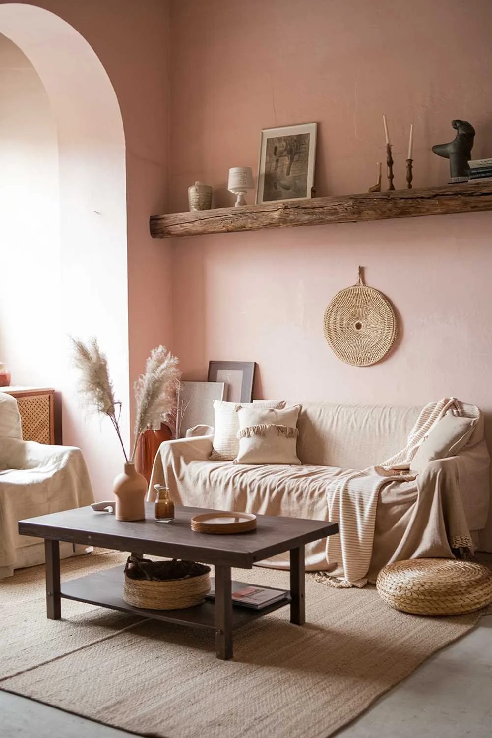 Vintage Scandinavian living room with soft pink walls and rustic wooden shelf