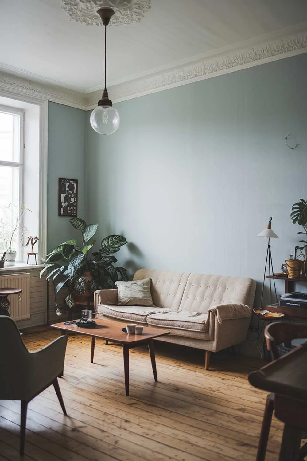 Vintage light fixture in Scandinavian living room with blue walls
