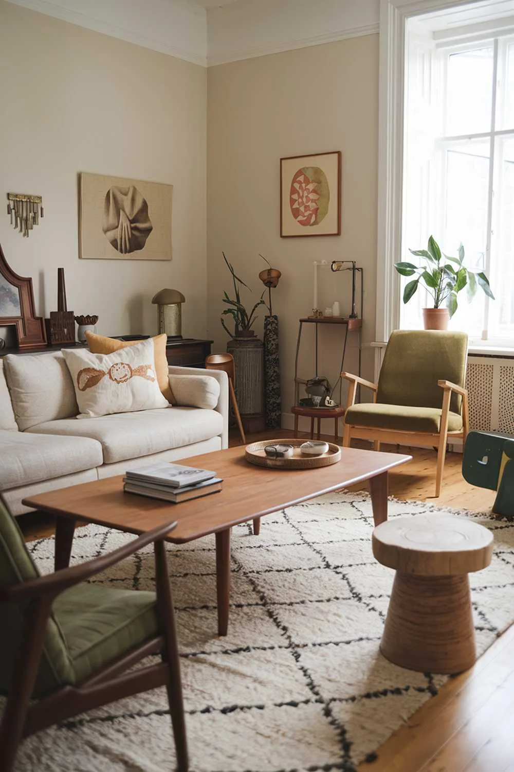 Green accent chair in vintage Scandinavian living room