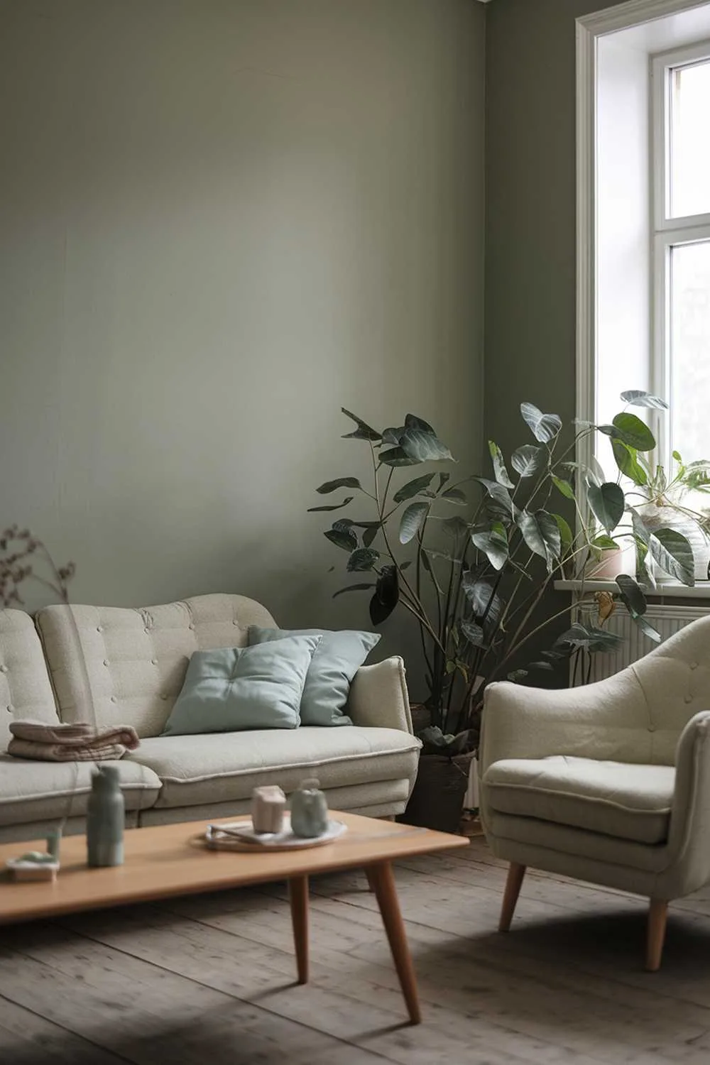 Sage green walls with beige sofa and armchair, wooden coffee table, green plant by the window, and wooden flooring.