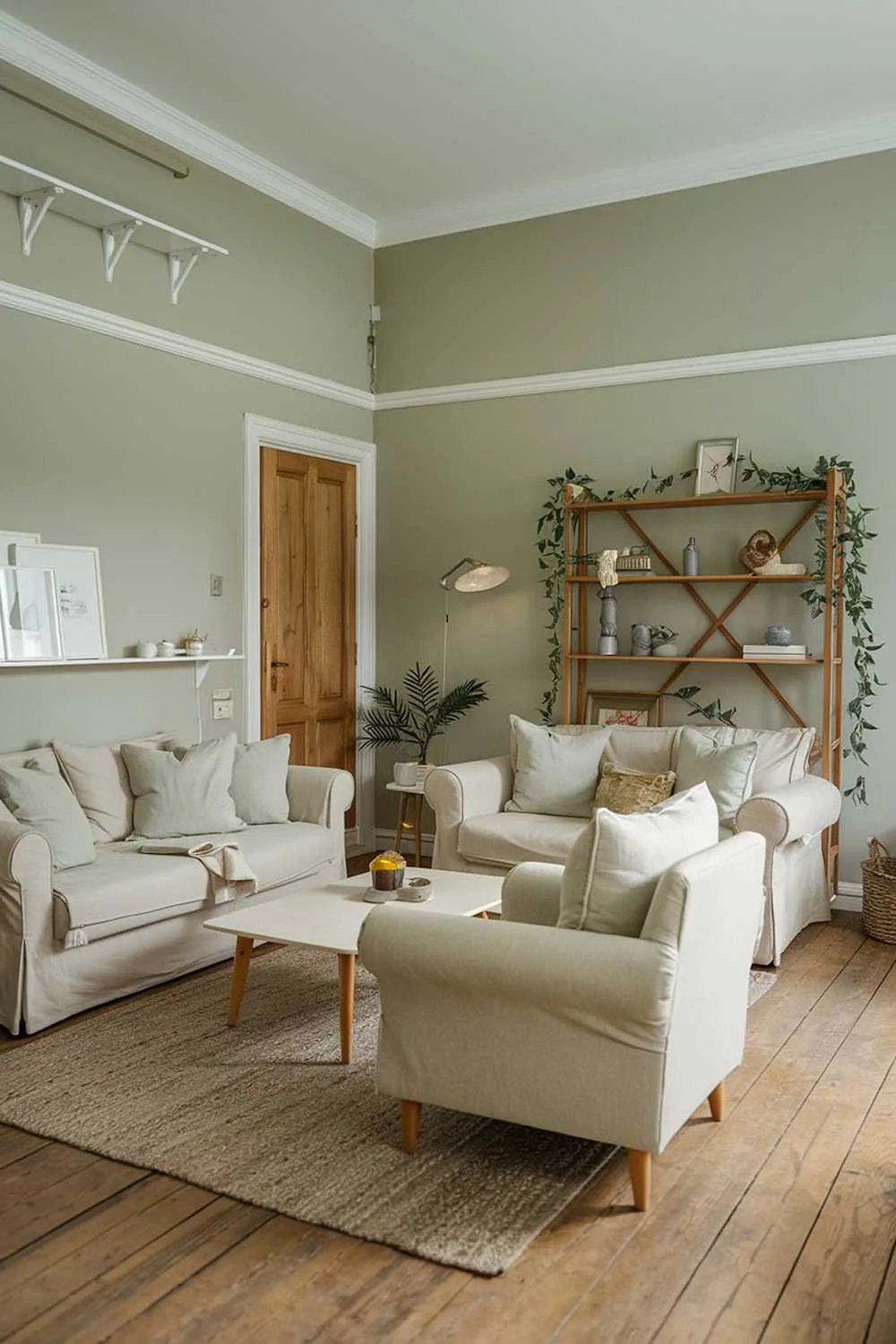 Cozy Scandinavian living room with sage green walls, beige sofa with cushions, beige armchair, beige rug, white coffee table, wooden bookshelf with plants, and soft lighting.