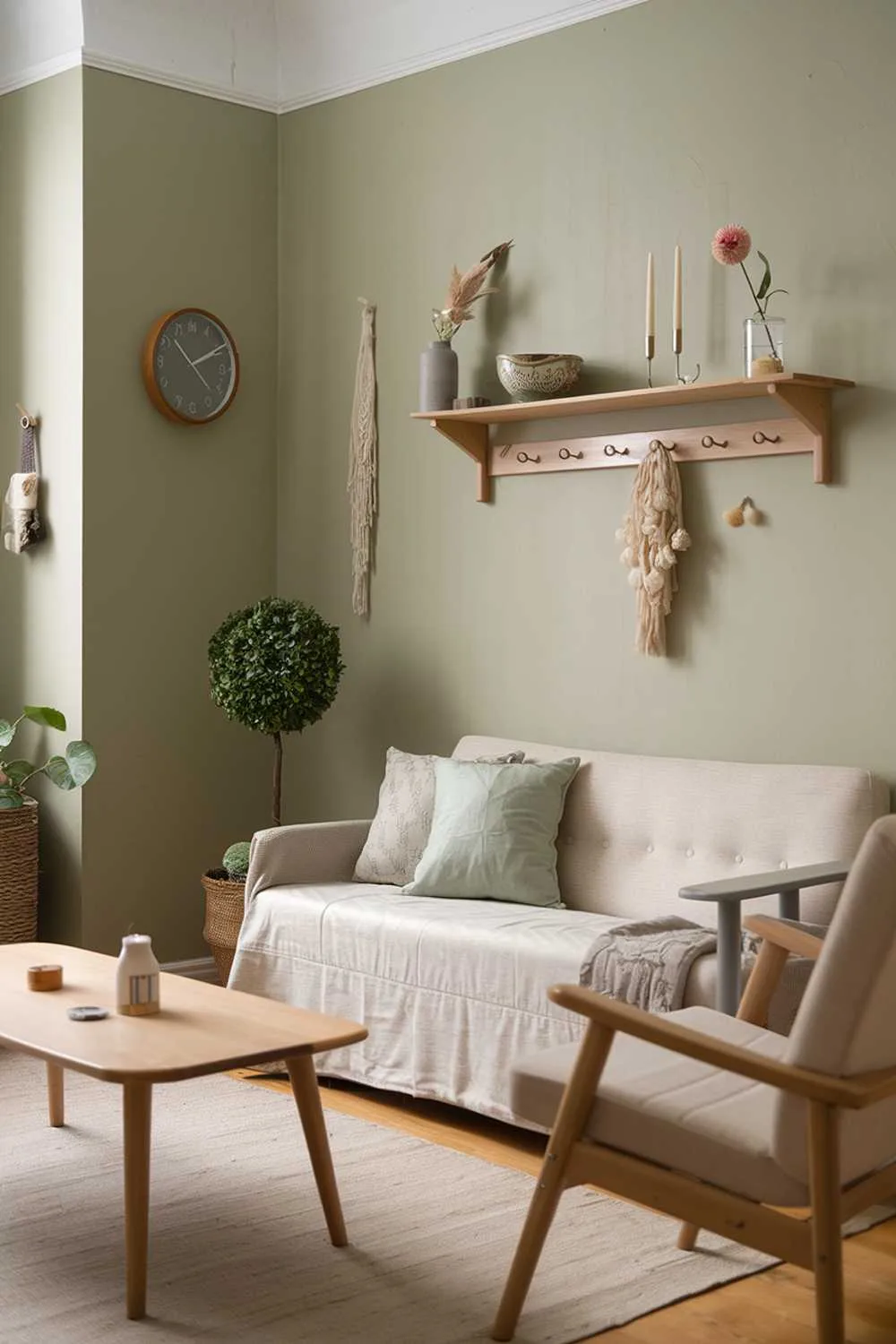 Living room with sage green walls, beige sofa and chair, wooden coffee table, plant in pot, wooden wall shelf with decor, beige rug, and wooden floor.