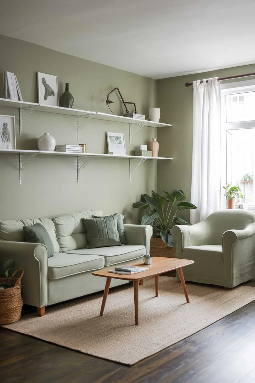 Sage green walls with white shelves, beige sofa with green cushions, green armchair, beige rug, wooden coffee table, potted plant, white curtains, and dark wood flooring.