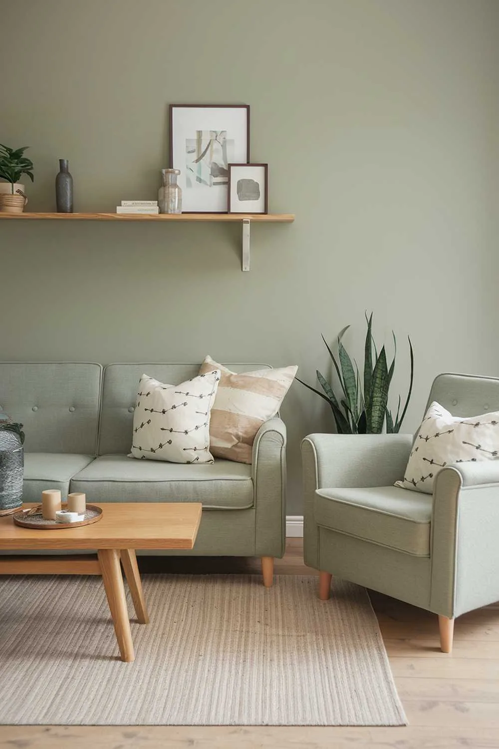 Sage green sofa and armchair with patterned pillows, wooden coffee table, beige rug, sage green walls, potted plant, and wooden shelf with decor.