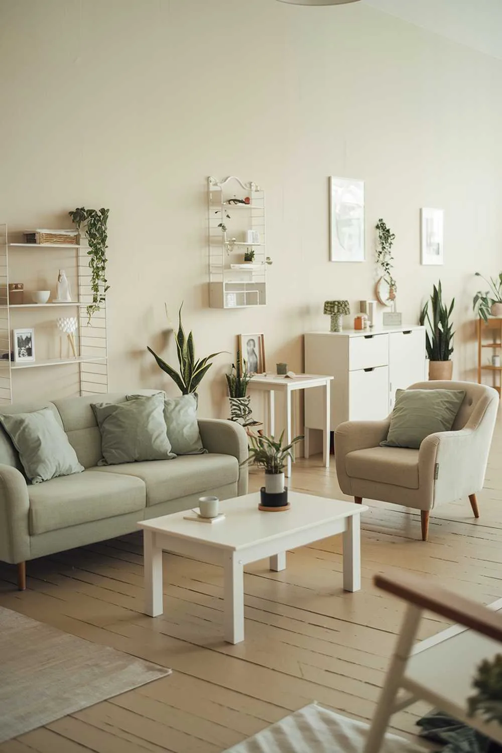 Sage green living room with beige sofa and armchair, white coffee table, white furniture, beige wood flooring, plants, and soft lighting.