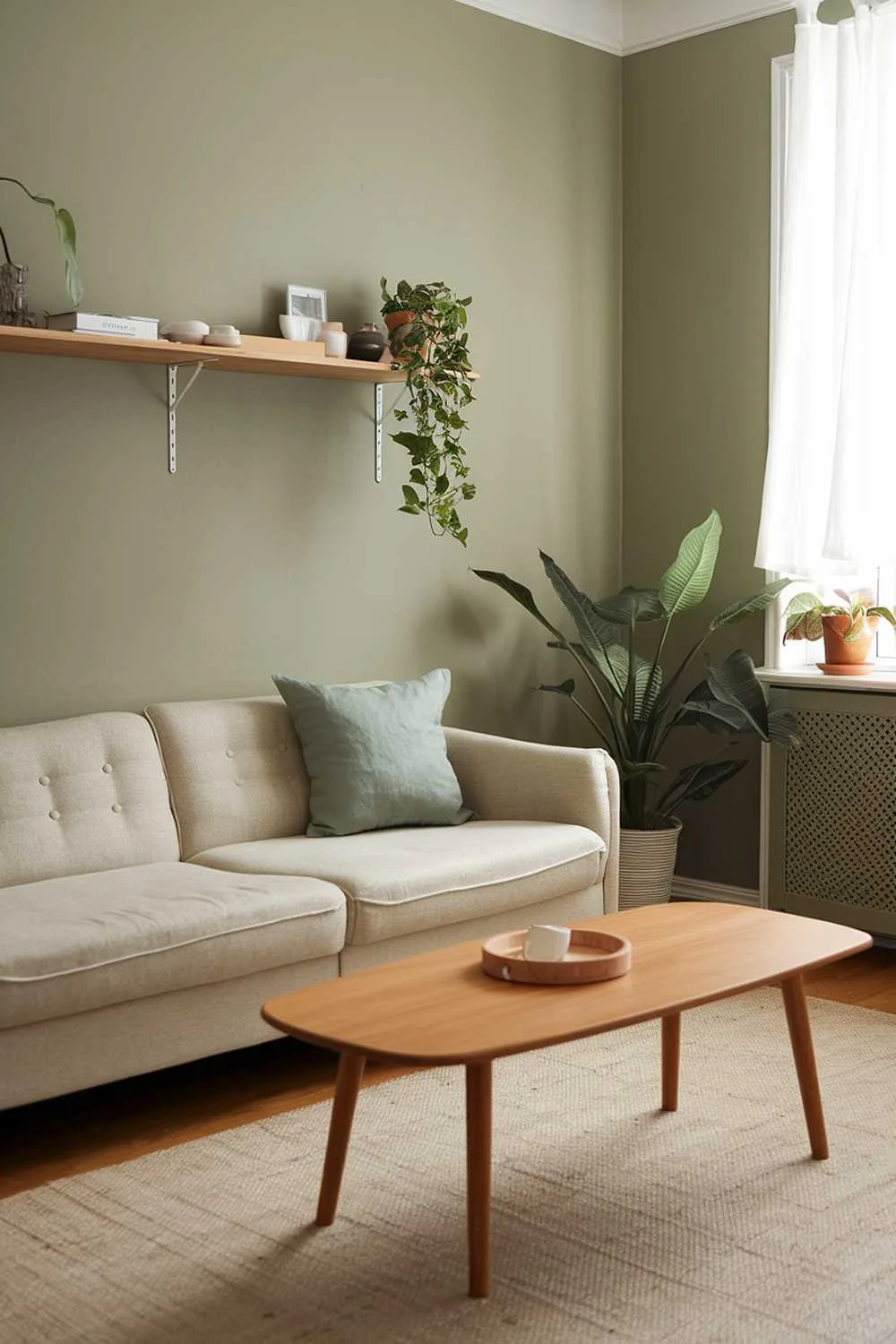 Minimalist living room with sage green walls, beige sofa with green pillow, wooden coffee table, wooden shelf with decor, potted plant, and soft lighting.