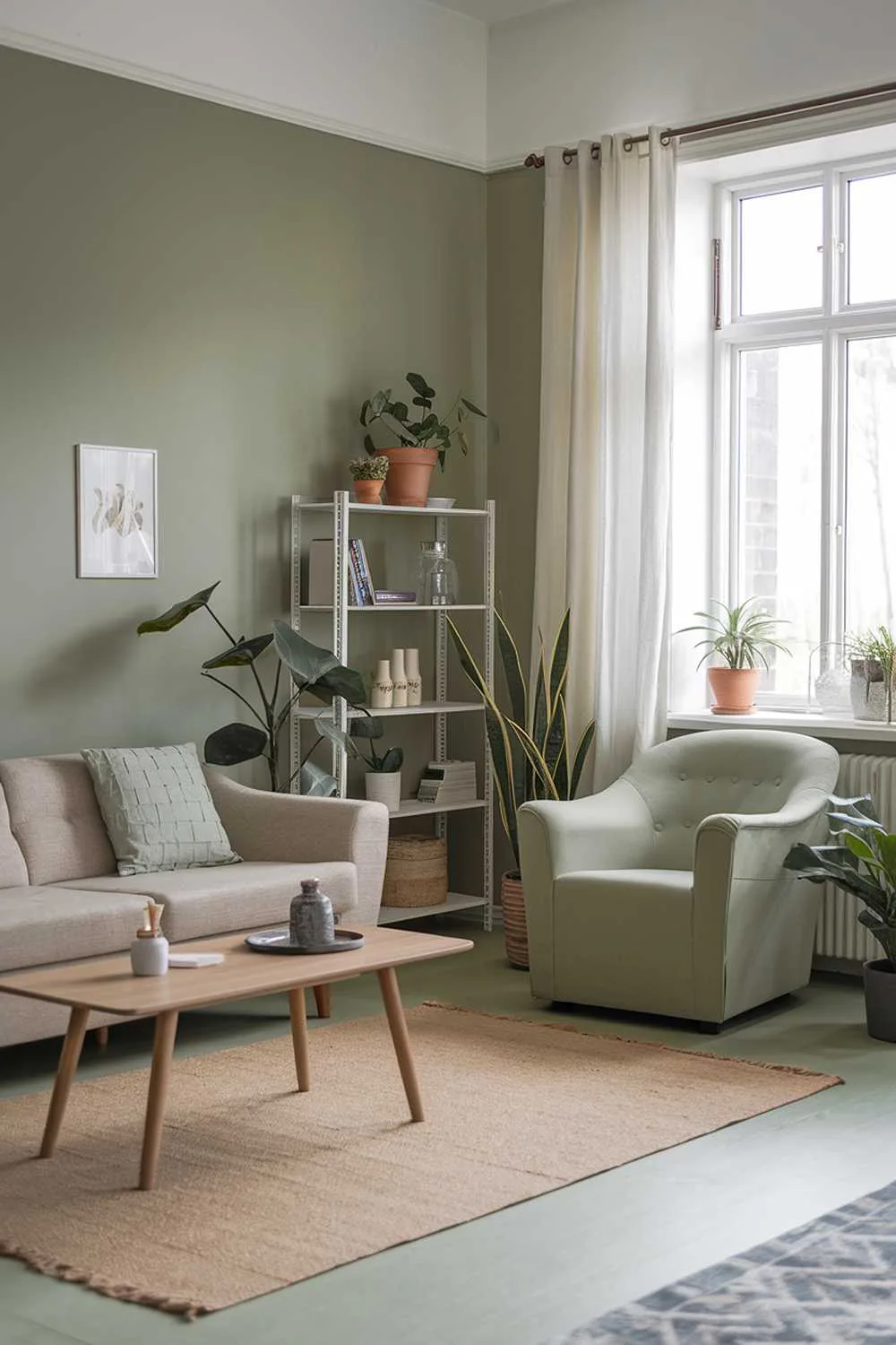 Sage green living room with beige sofa and pillows, sage green armchair, beige rug, wooden coffee table, potted plants, white bookshelf, large window with white curtains.