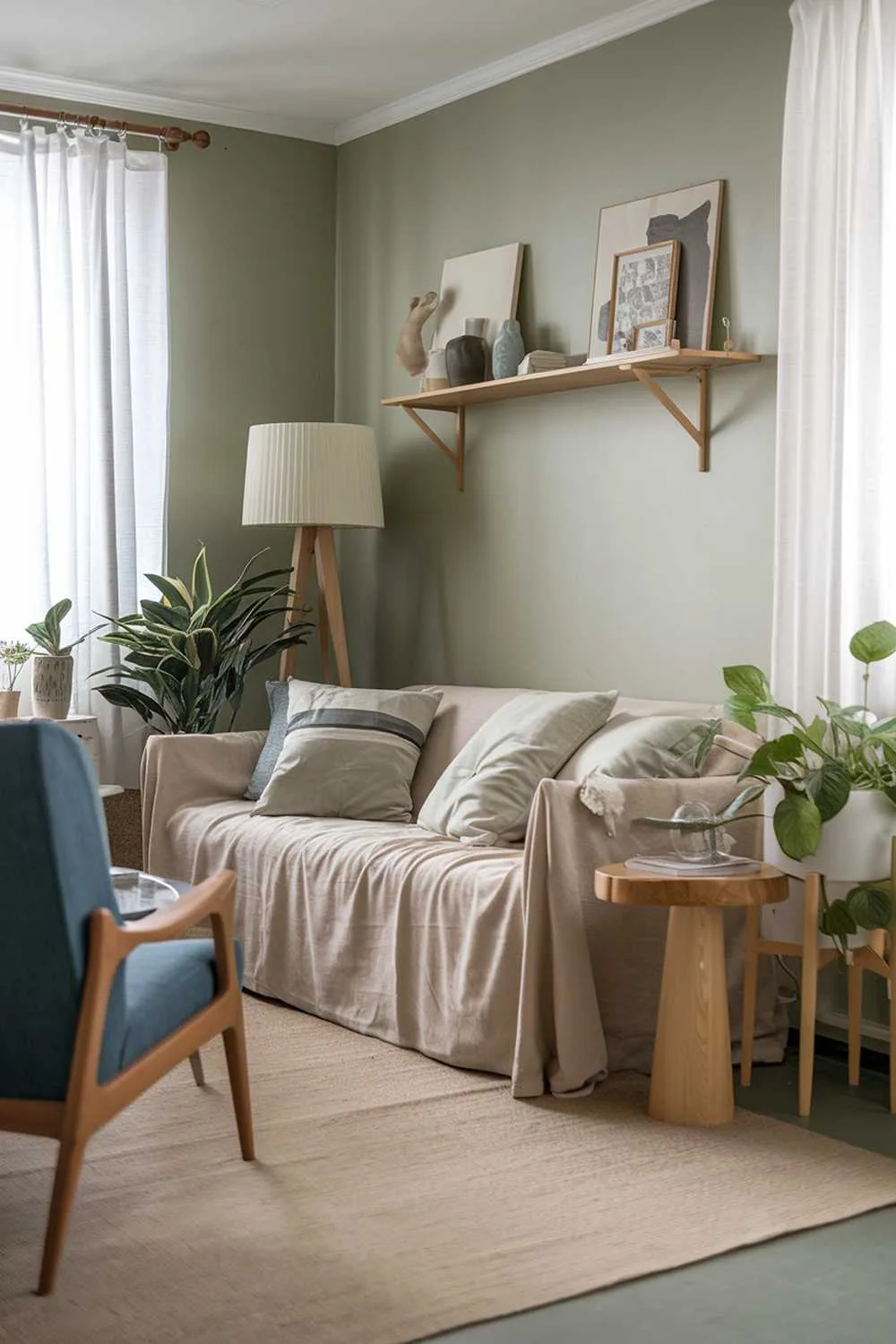 Sage green walls with beige sofa and cushions, blue chair, wooden side table, white plant stand with green plant, beige rug, wooden shelf with decor, white lampshade, and white curtains.
