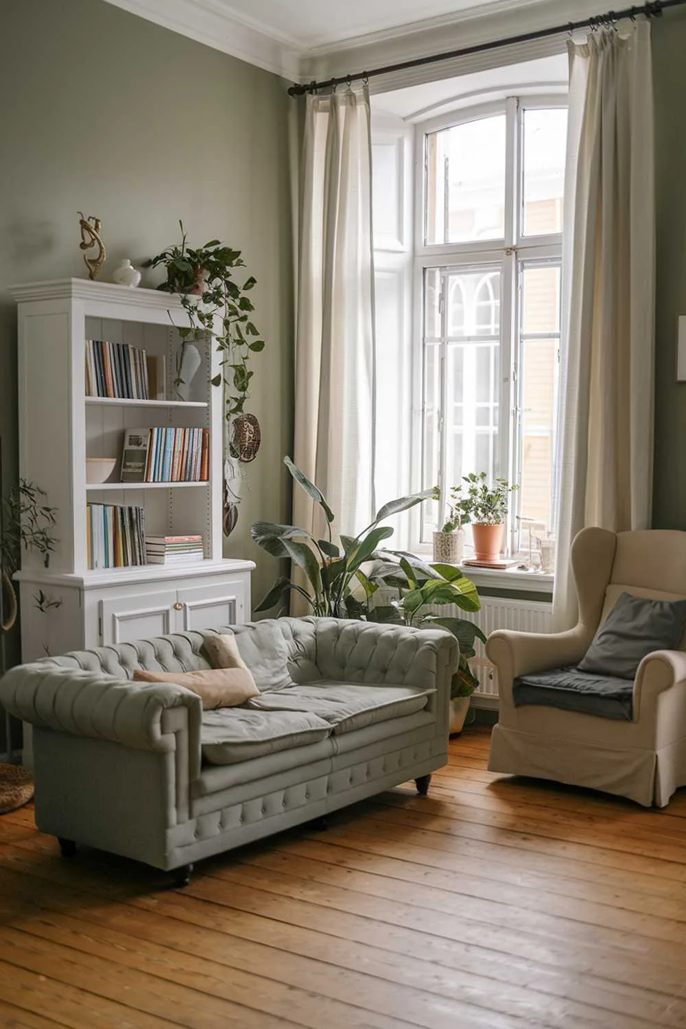 Sage green Scandinavian living room with gray sofa, beige cushion, white bookcase with books and greenery, beige armchair with gray cushion, large window with white curtains, wooden floor.