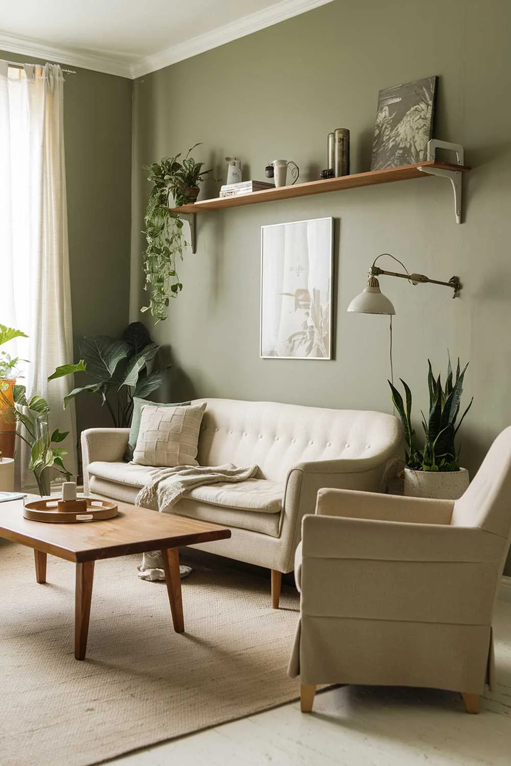 Sage green walls with beige sofa and cushions, wooden coffee table with vintage lamp, beige armchair, beige rug, wooden shelf with decor, and plants.